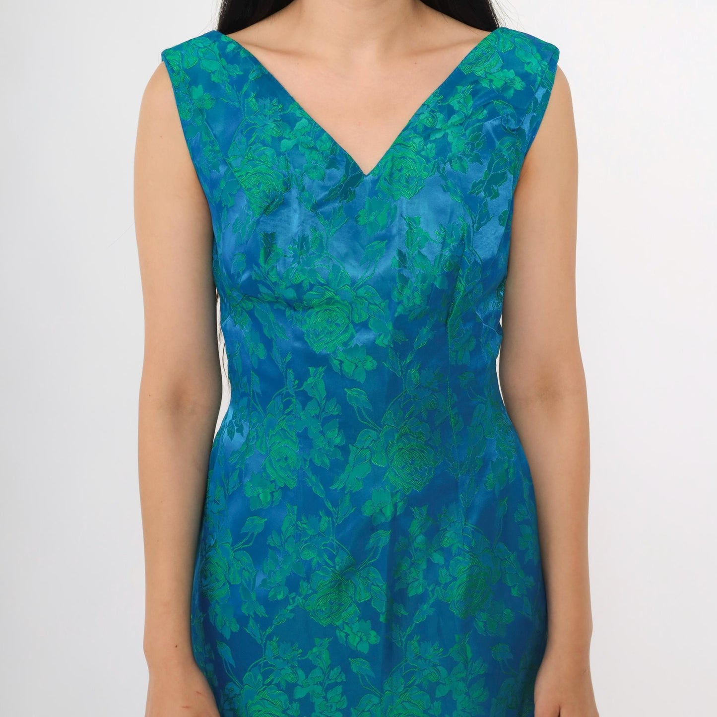 1960s Blue Green Floral Jacquard Maxi Dress V Neck Sleeveless Evening Gown Small