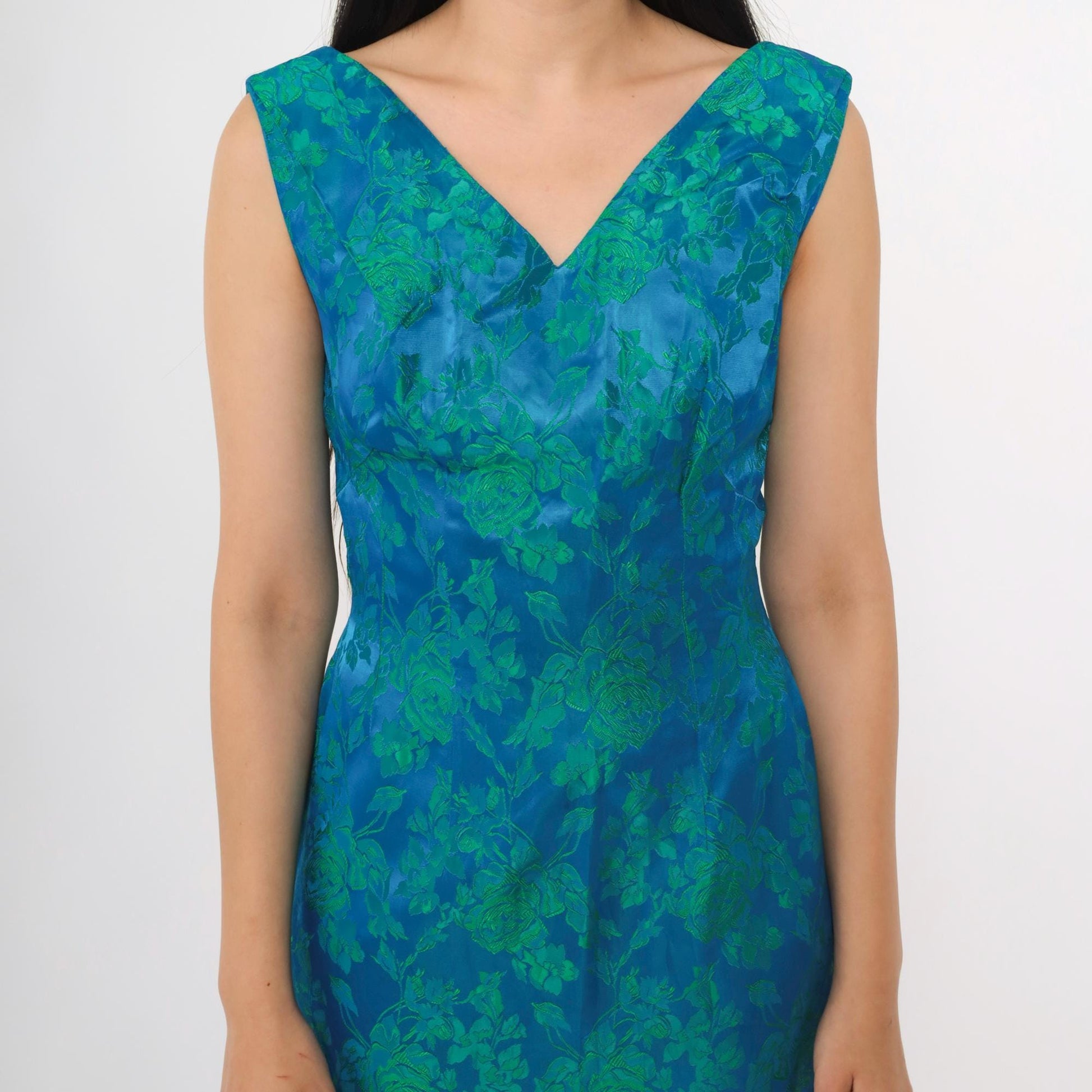 1960s Blue Green Floral Jacquard Maxi Dress V Neck Sleeveless Evening Gown Small