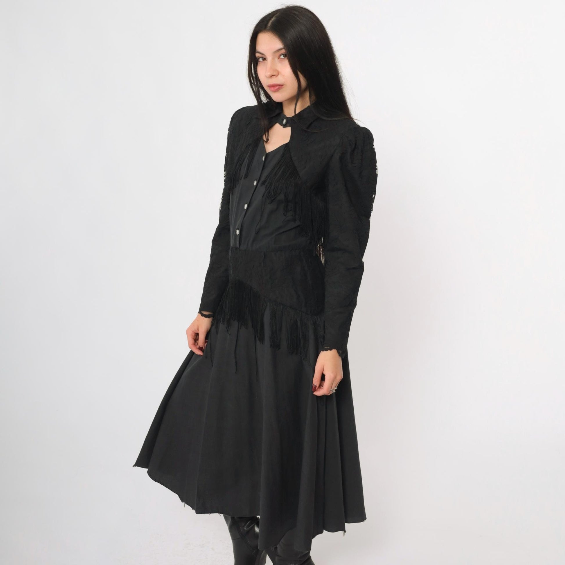 80s Lilia Smitty Western Midi Dress Black Fringe Cotton Puff Sleeve Small