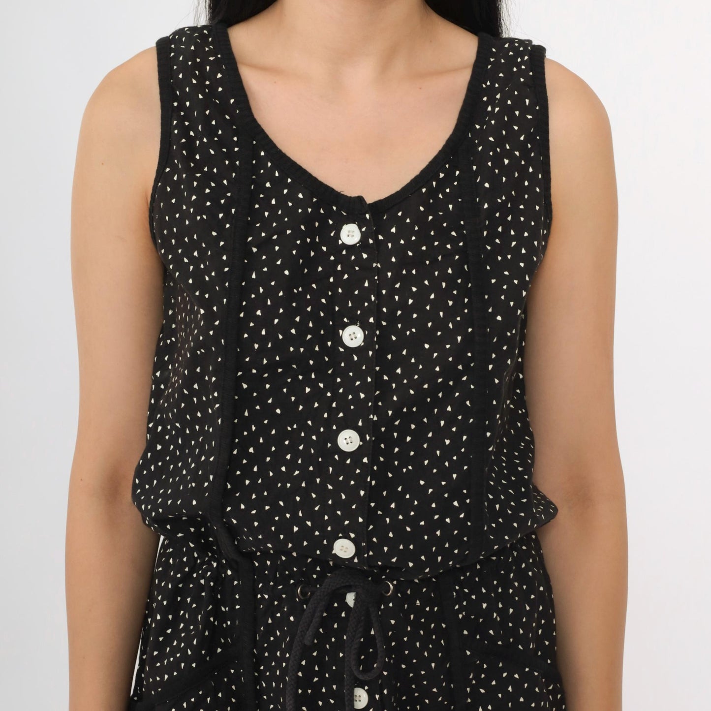 80s La Blanca Black Jumpsuit Confetti Dot Print Sleeveless Button Front Small