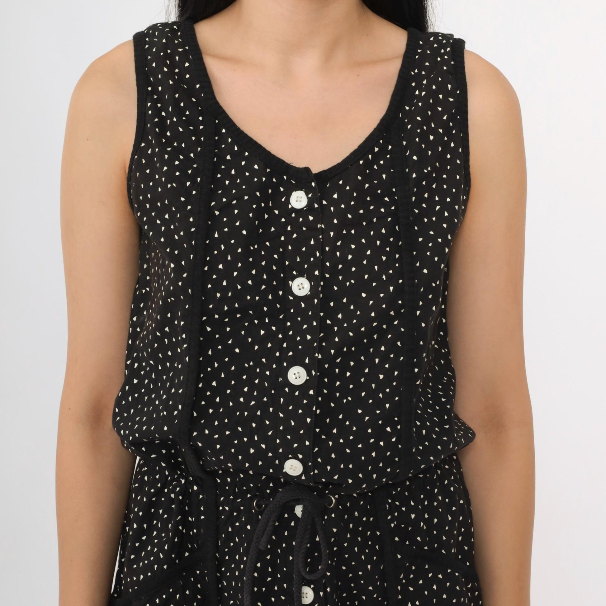 80s La Blanca Black Jumpsuit Confetti Dot Print Sleeveless Button Front Small