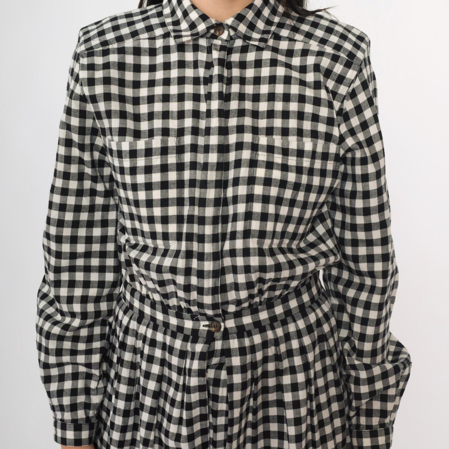 80s Charter Club Gingham Shirt Dress Black White Midi Cotton Small