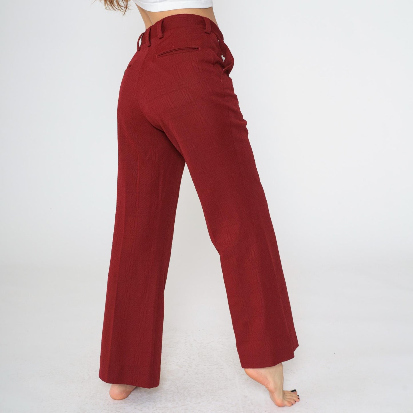 70s Burgundy Flared Trousers High Waist Textured Polyester Medium