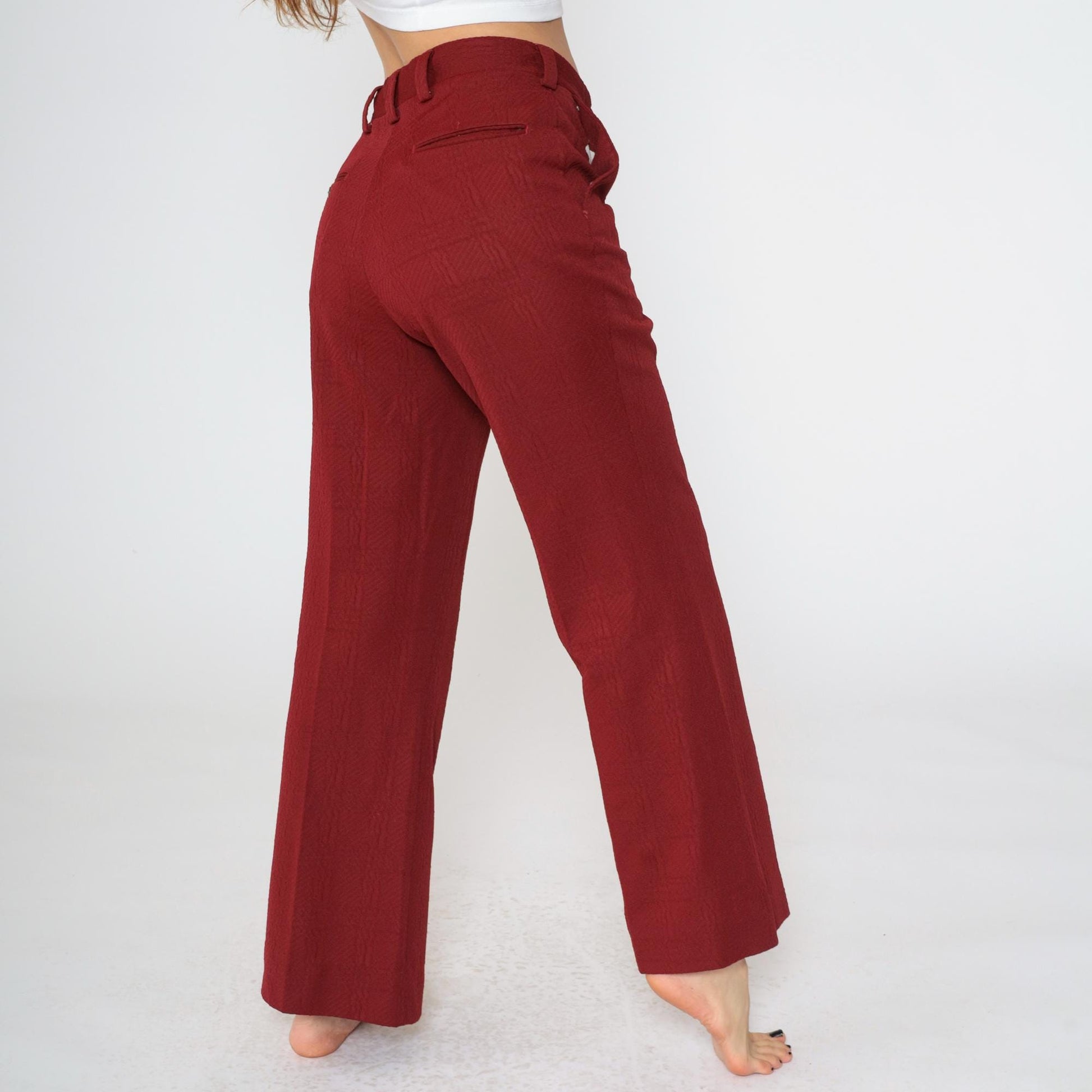 70s Burgundy Flared Trousers High Waist Textured Polyester Medium