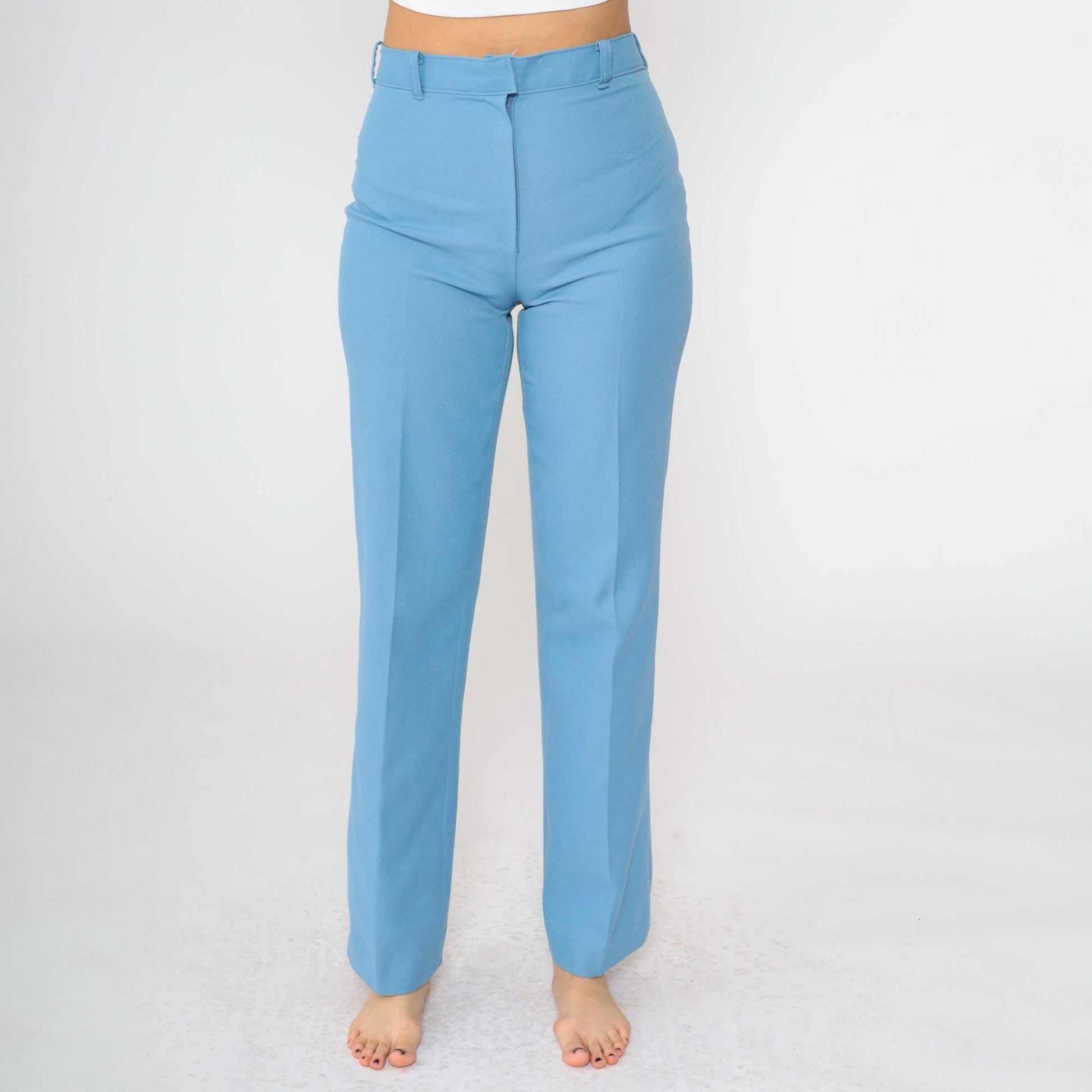 70s Western Straight Leg Trousers Blue High Rise Creased Small