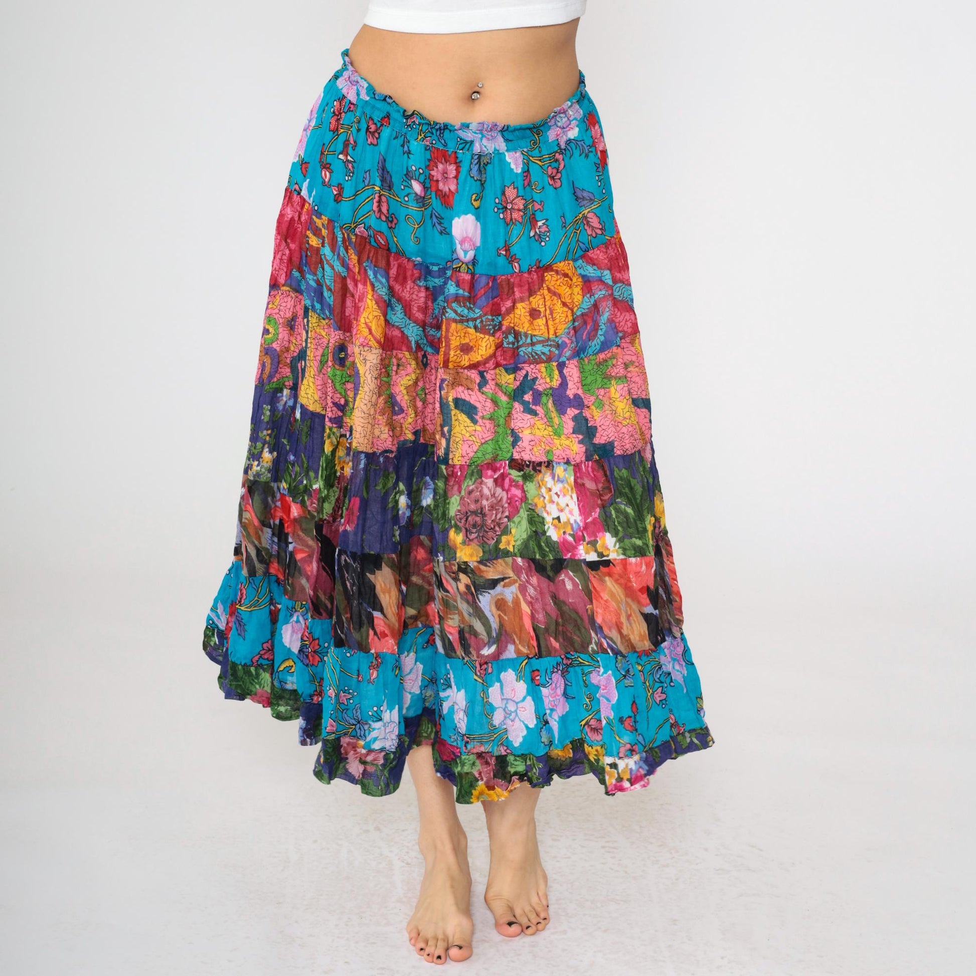 90s Broomstick Midi Skirt Blue Floral Patchwork Tiered Cotton Small