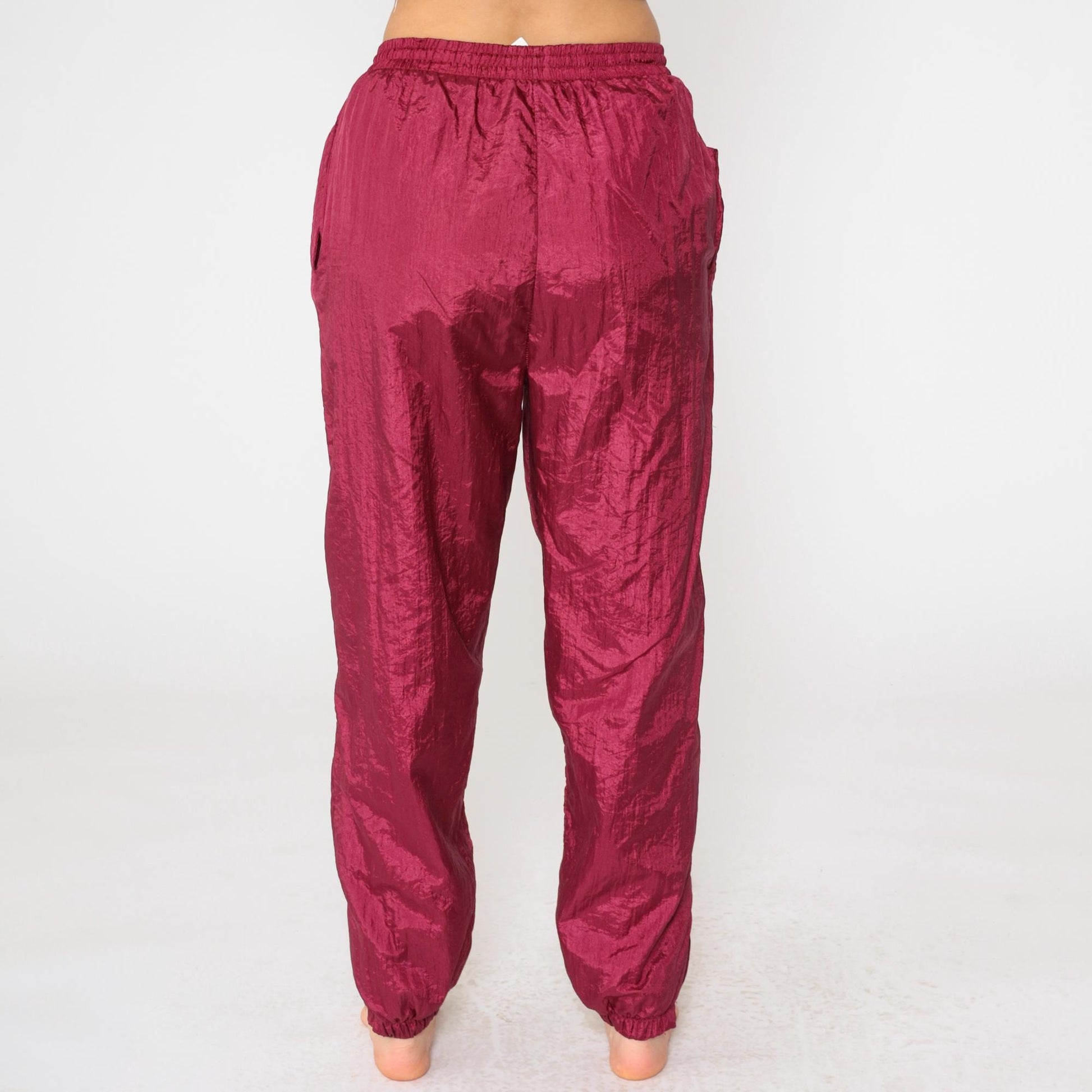 90s Burgundy Nylon Track Pants Drawstring Waist Small