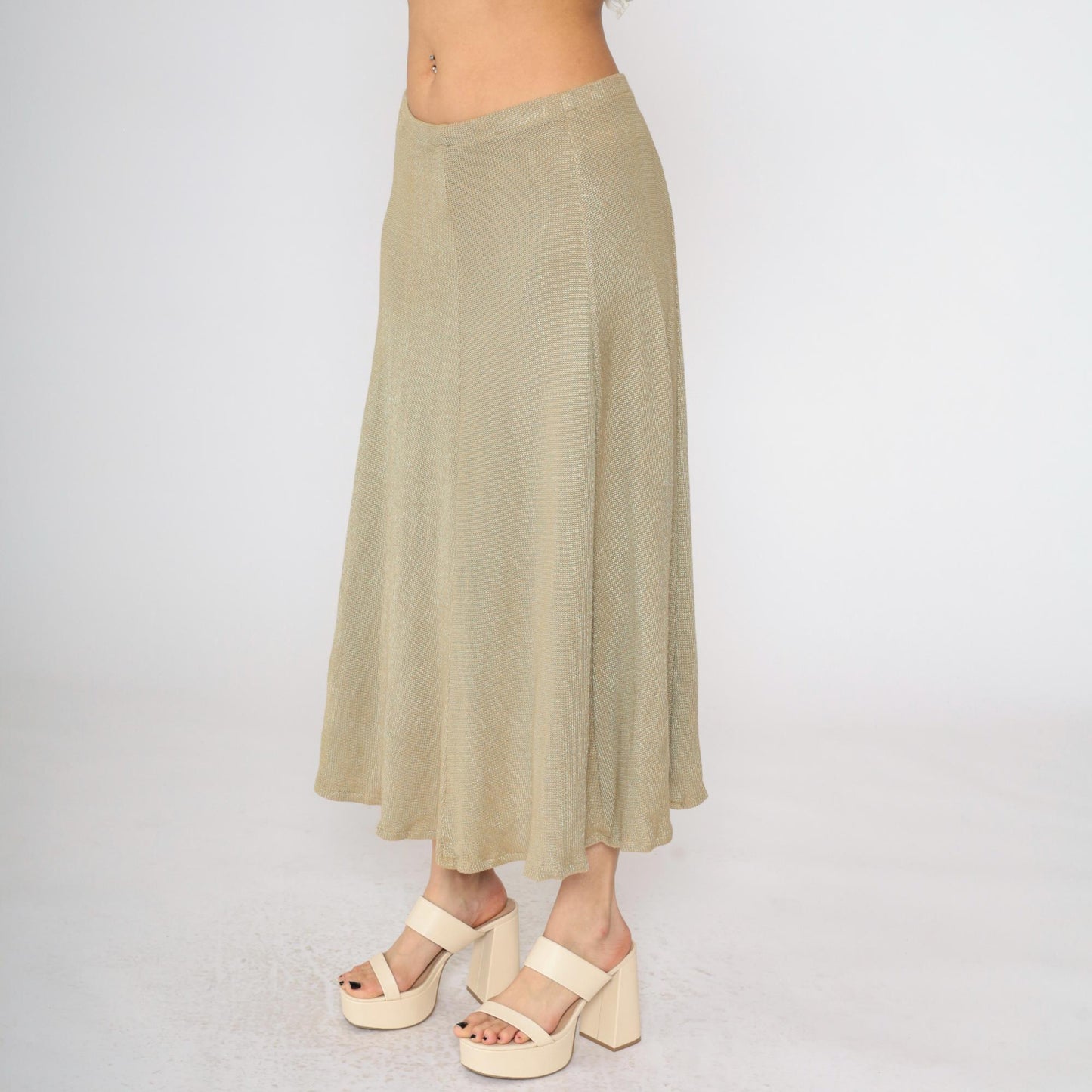 80s Tan Knit Midi Skirt High Waist Elastic Flared Small