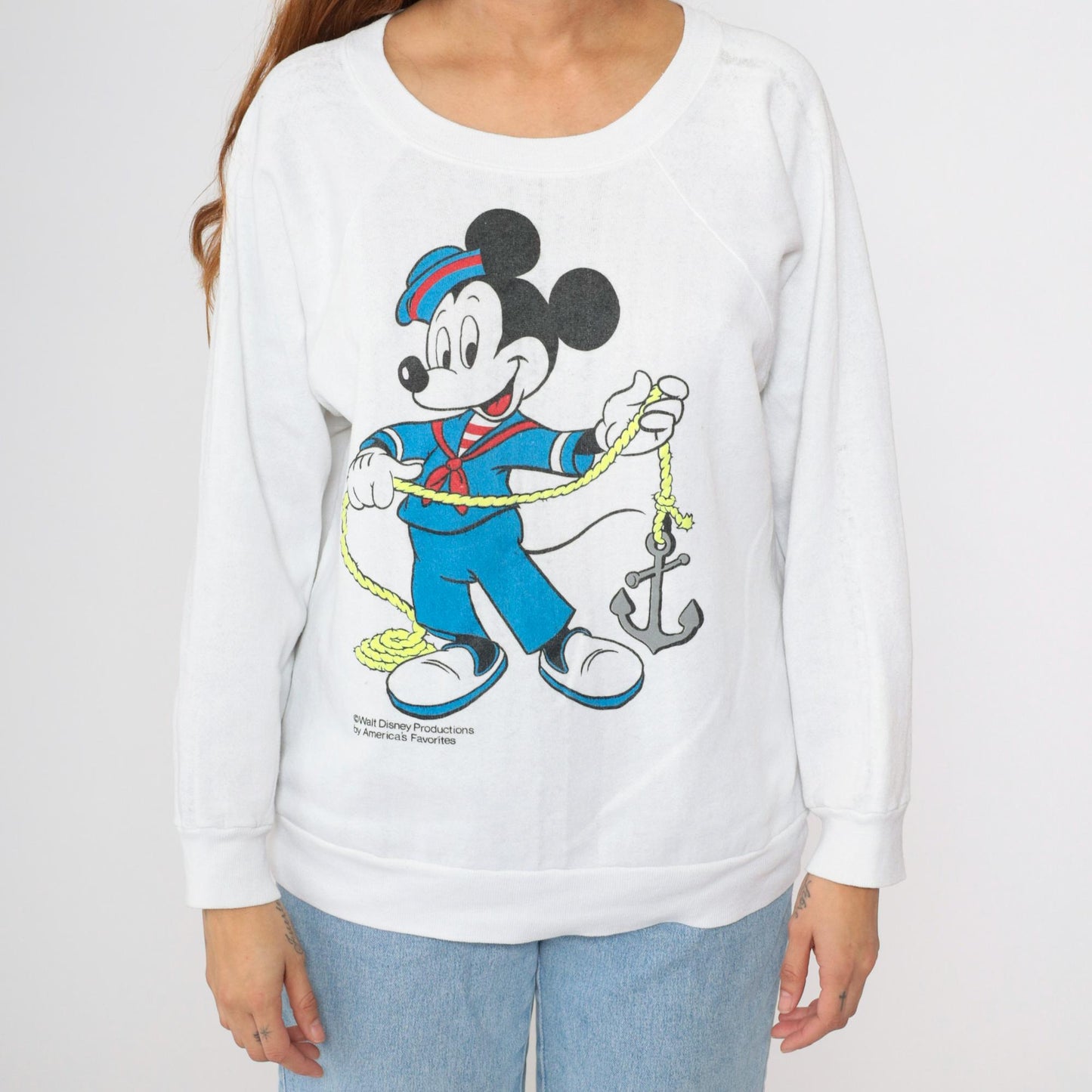 80s Mickey Mouse Sailor Graphic Sweatshirt White Raglan Crewneck Large