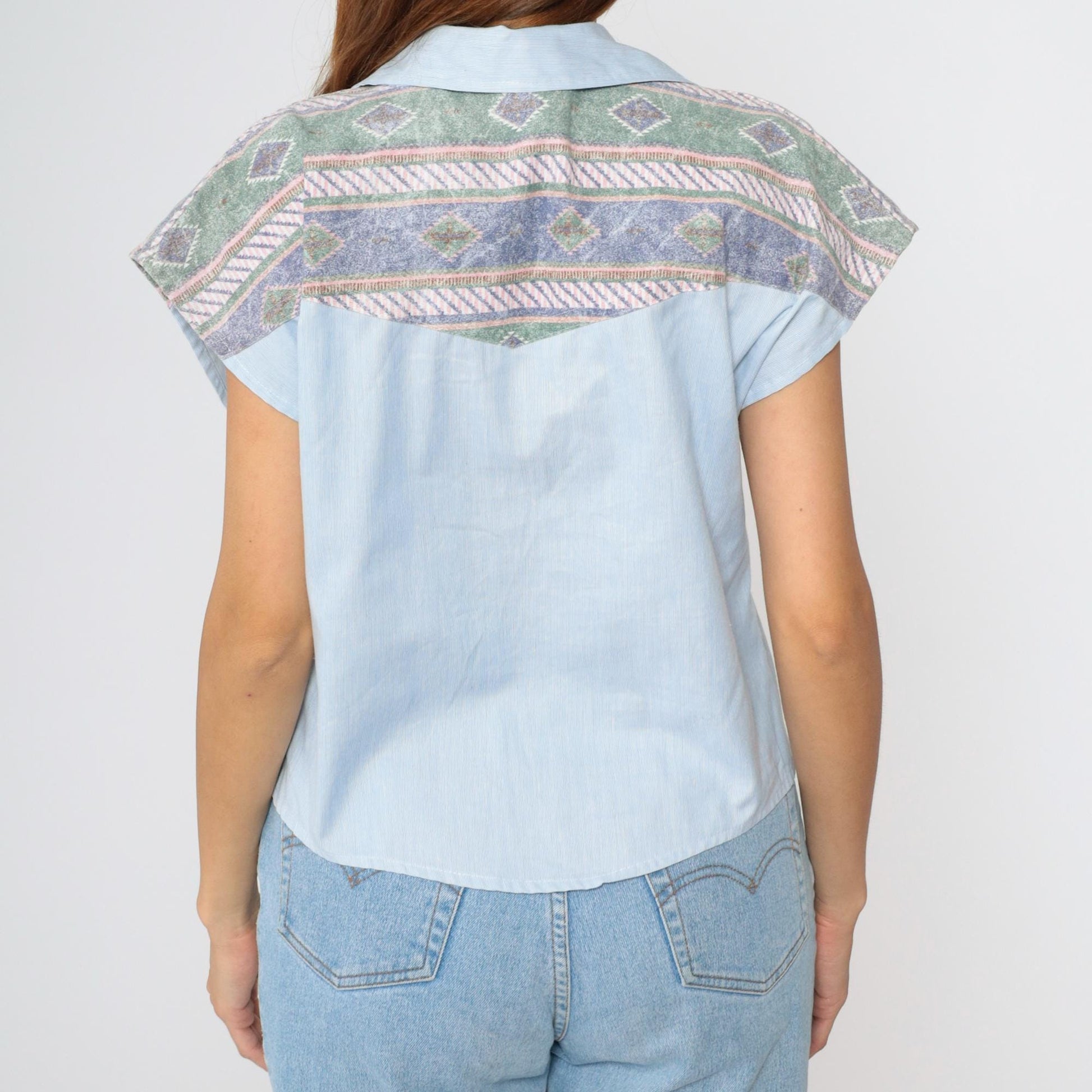 90s Southwestern Blue Striped Button-Up Blouse Star Print Cap Sleeve Medium