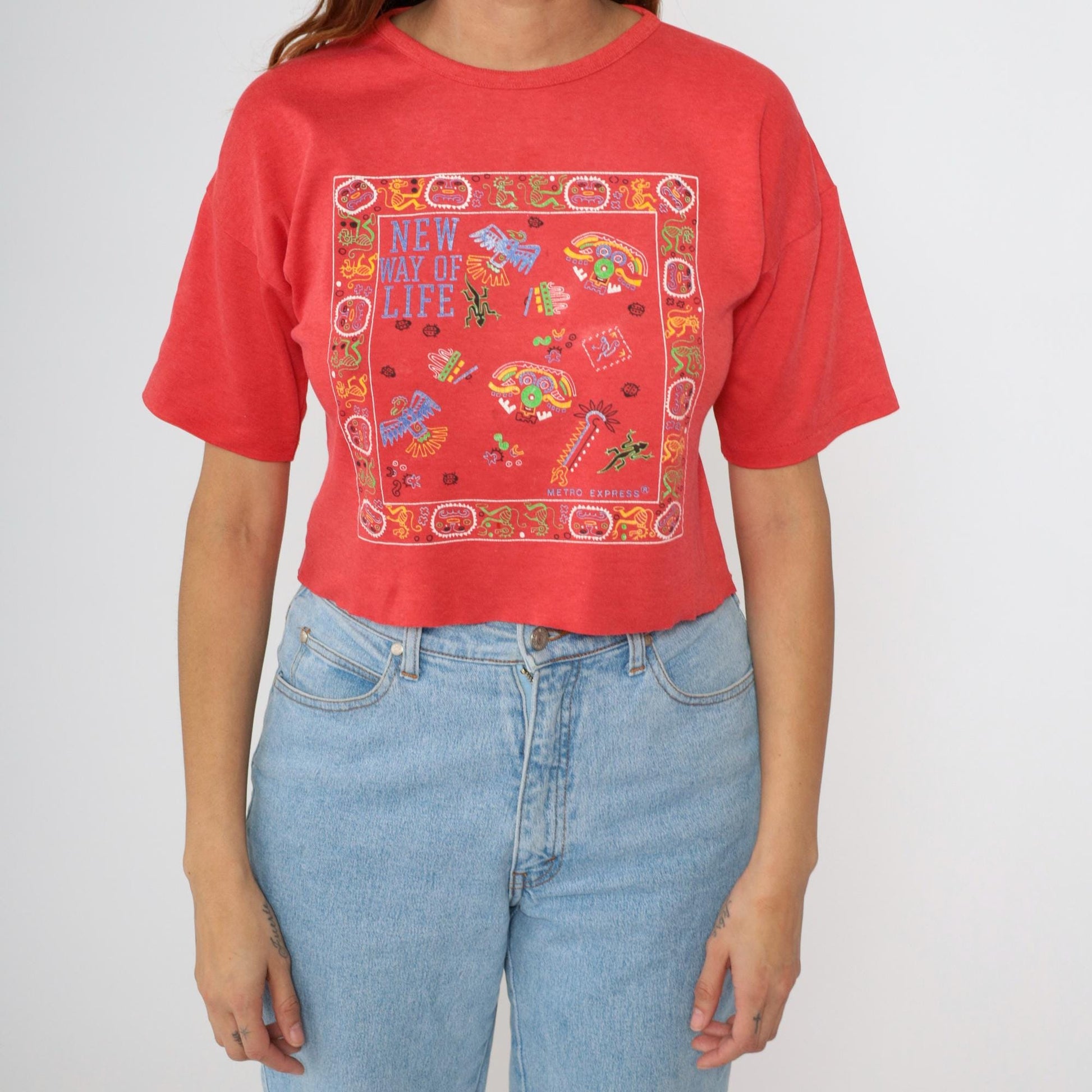 90s Mesoamerican Graphic Crop Tee Red Abstract Birds Masks Extra Small XS