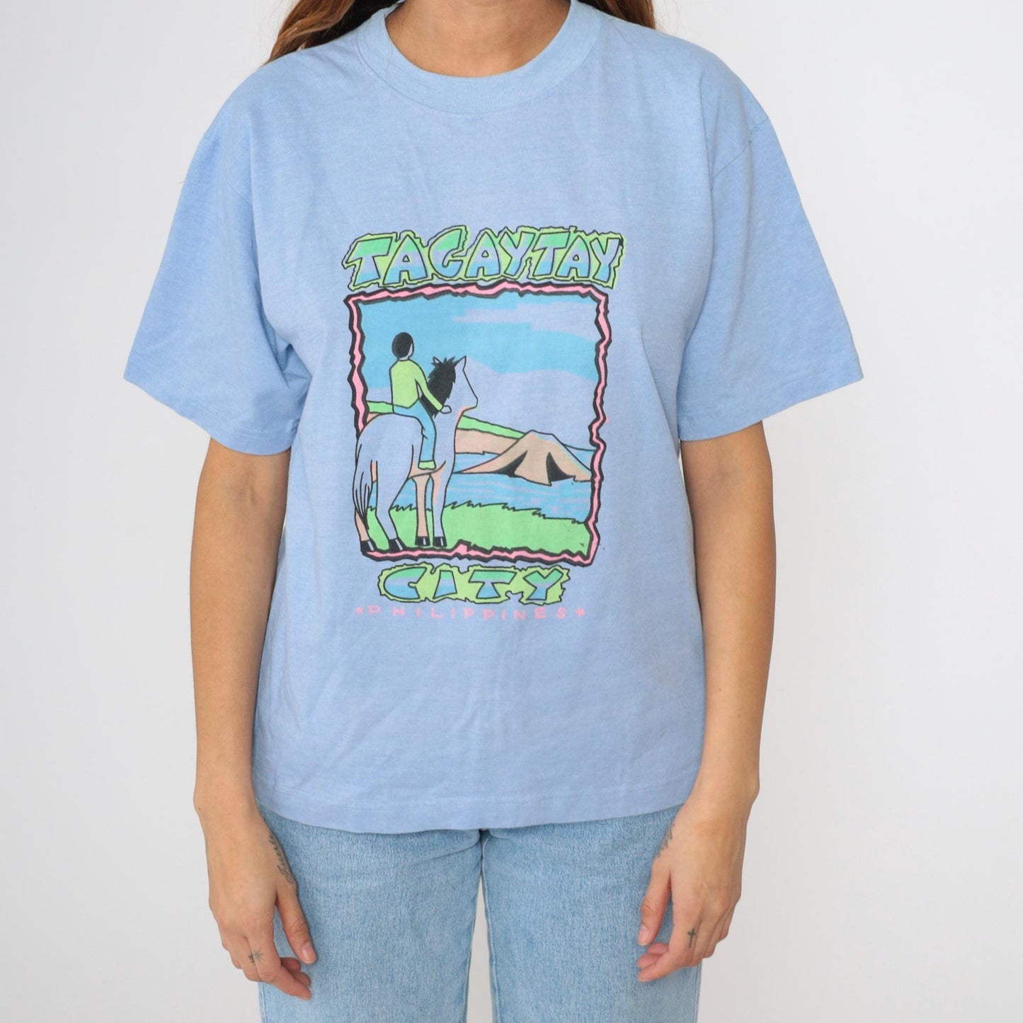 Y2K Tagaytay Philippines Neon Graphic Horse T-Shirt Blue Tee Medium