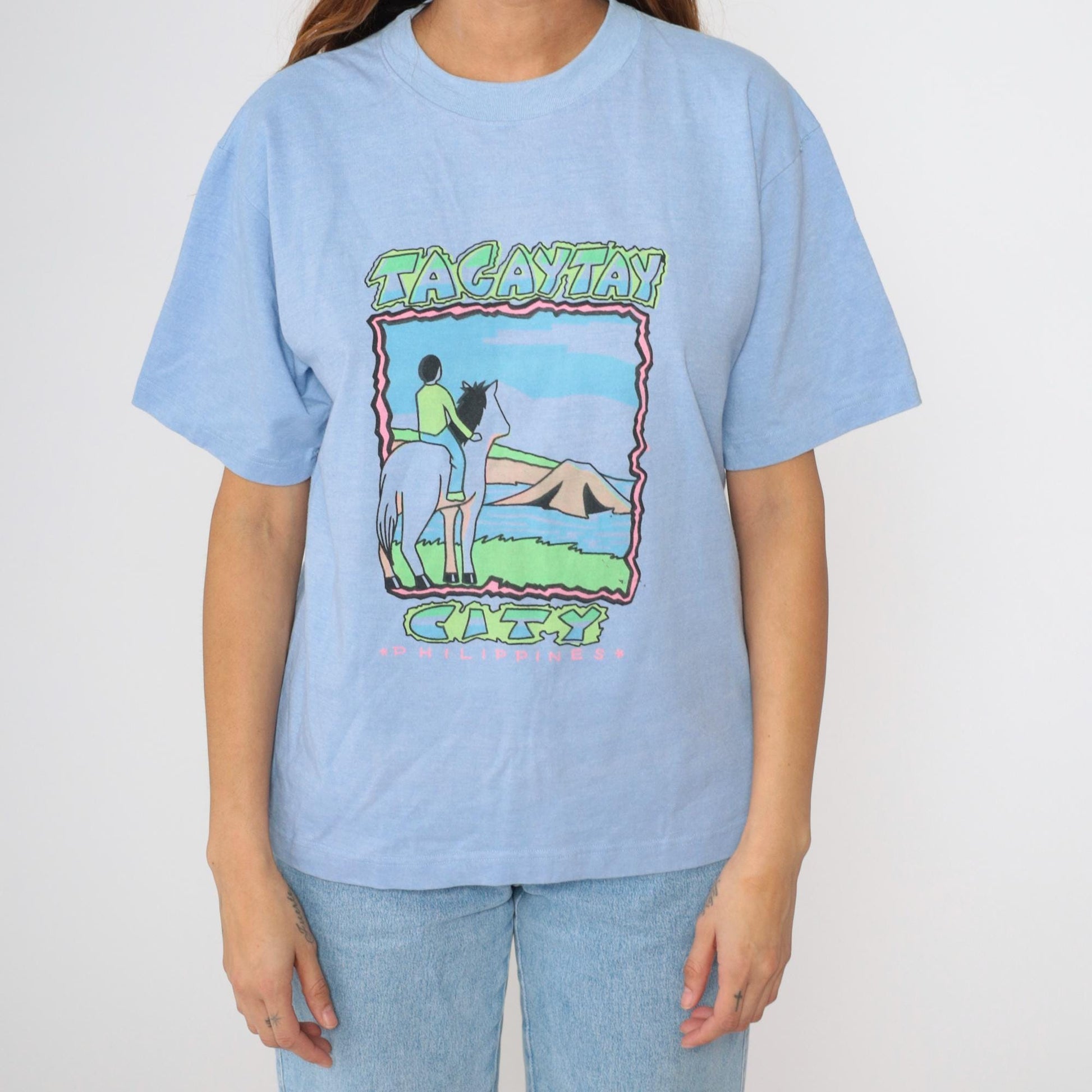 Y2K Tagaytay Philippines Neon Graphic Horse T-Shirt Blue Tee Medium