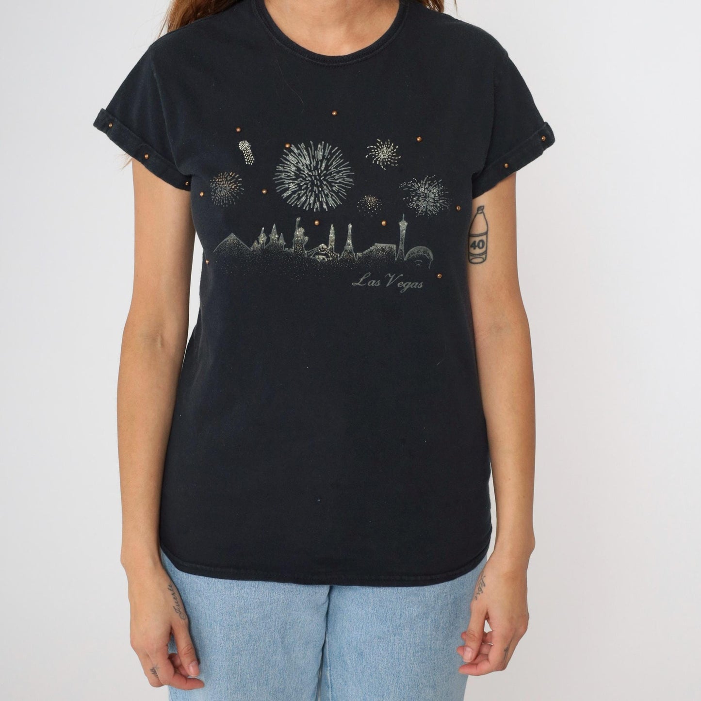 90s Las Vegas Fireworks Graphic T-Shirt Studded Metallic Black Small S