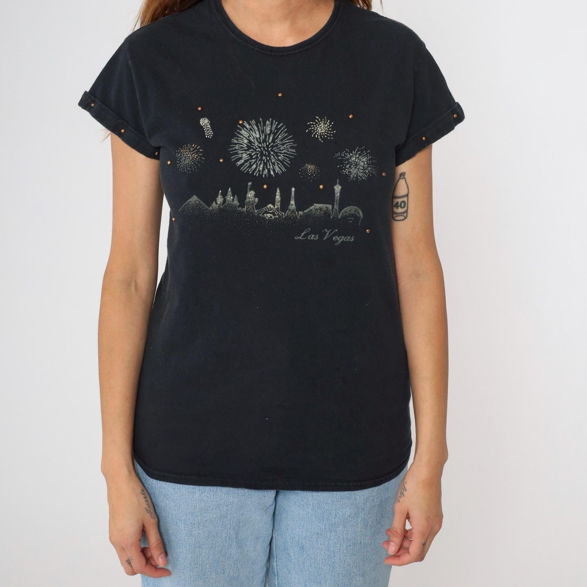 90s Las Vegas Fireworks Graphic T-Shirt Studded Metallic Black Small S