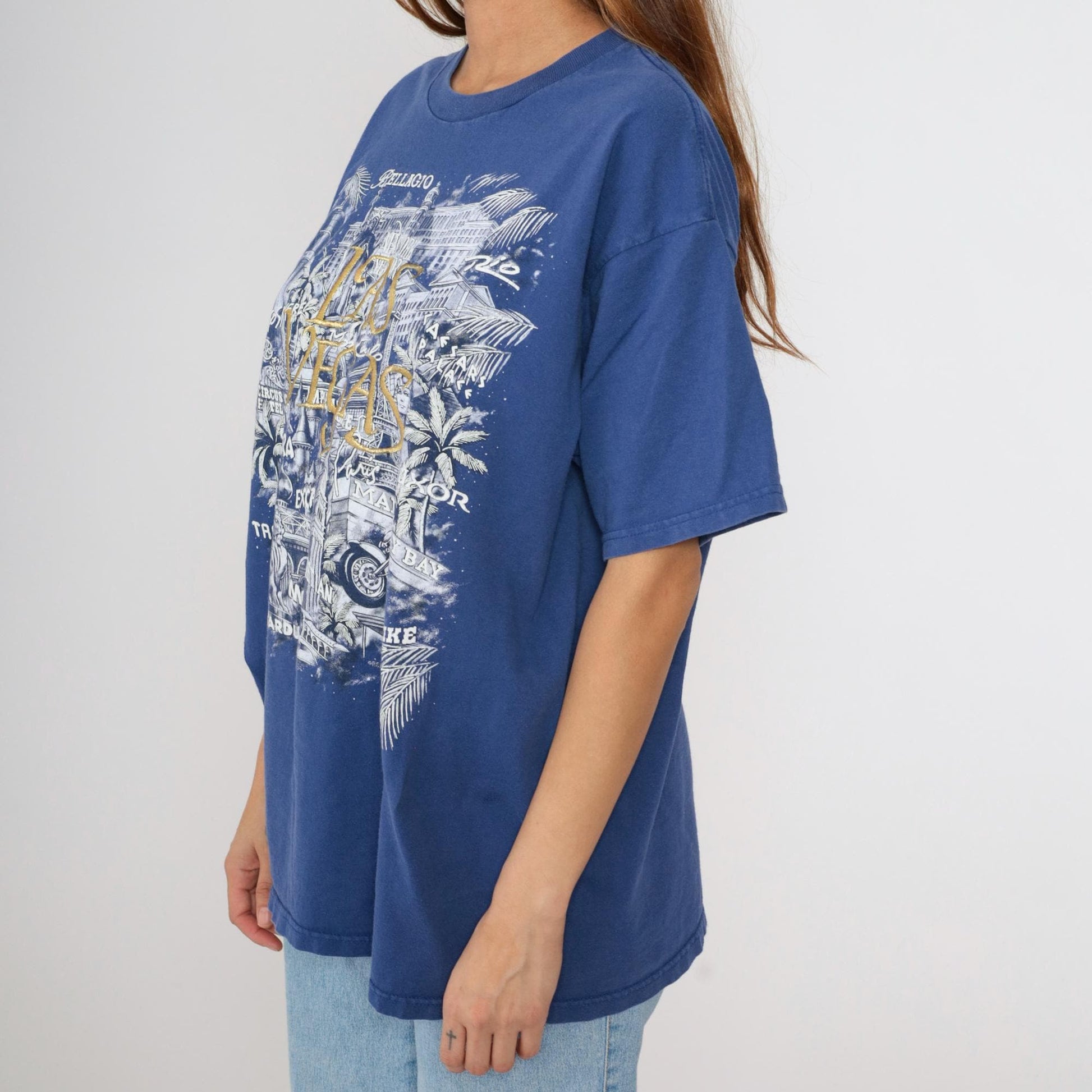 90s Las Vegas Strip Embroidered Graphic T-Shirt Blue Cotton Crewneck Extra Large XL