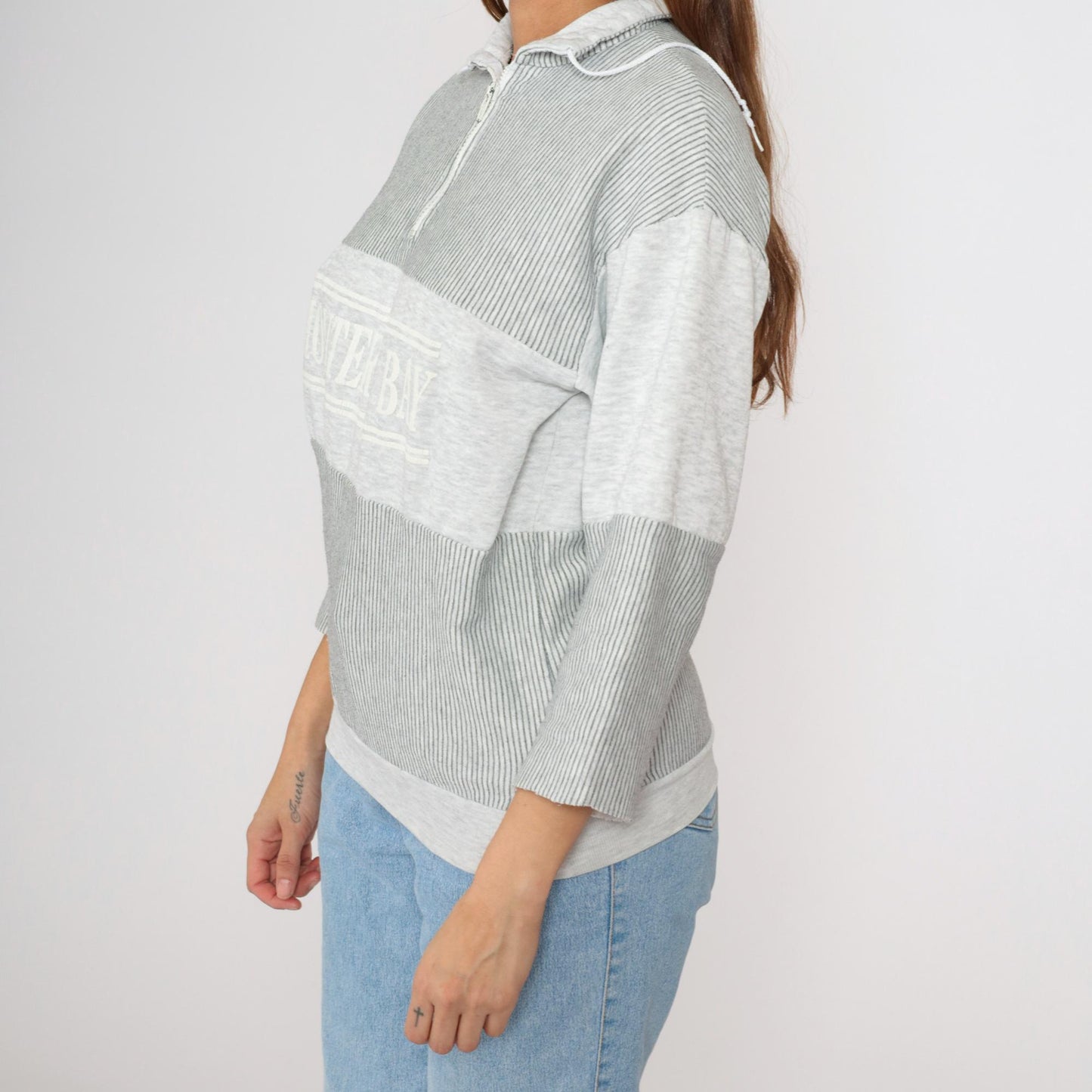 90s Monterey Bay Sweatshirt Grey Striped Quarter Zip Pullover Medium