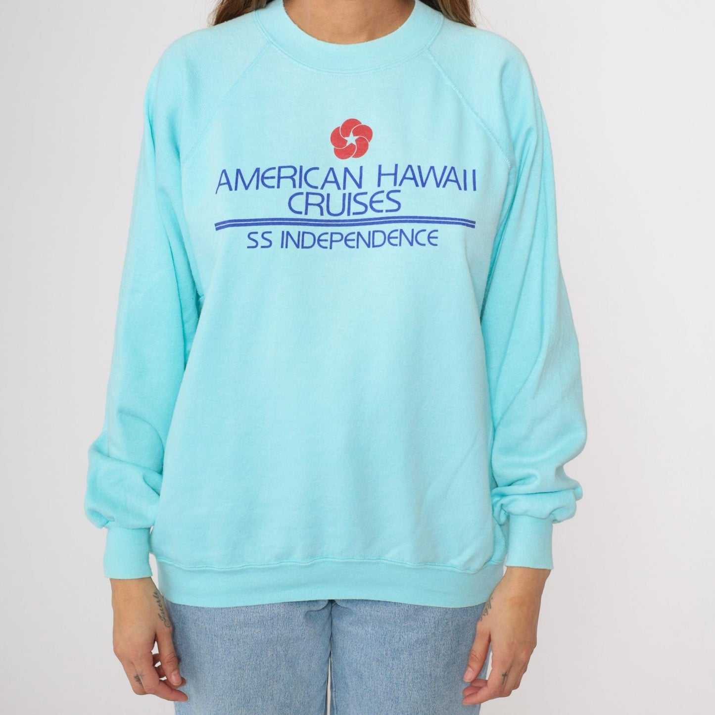 80s American Hawaii Cruises SS Independence Sweatshirt Aqua Graphic Large