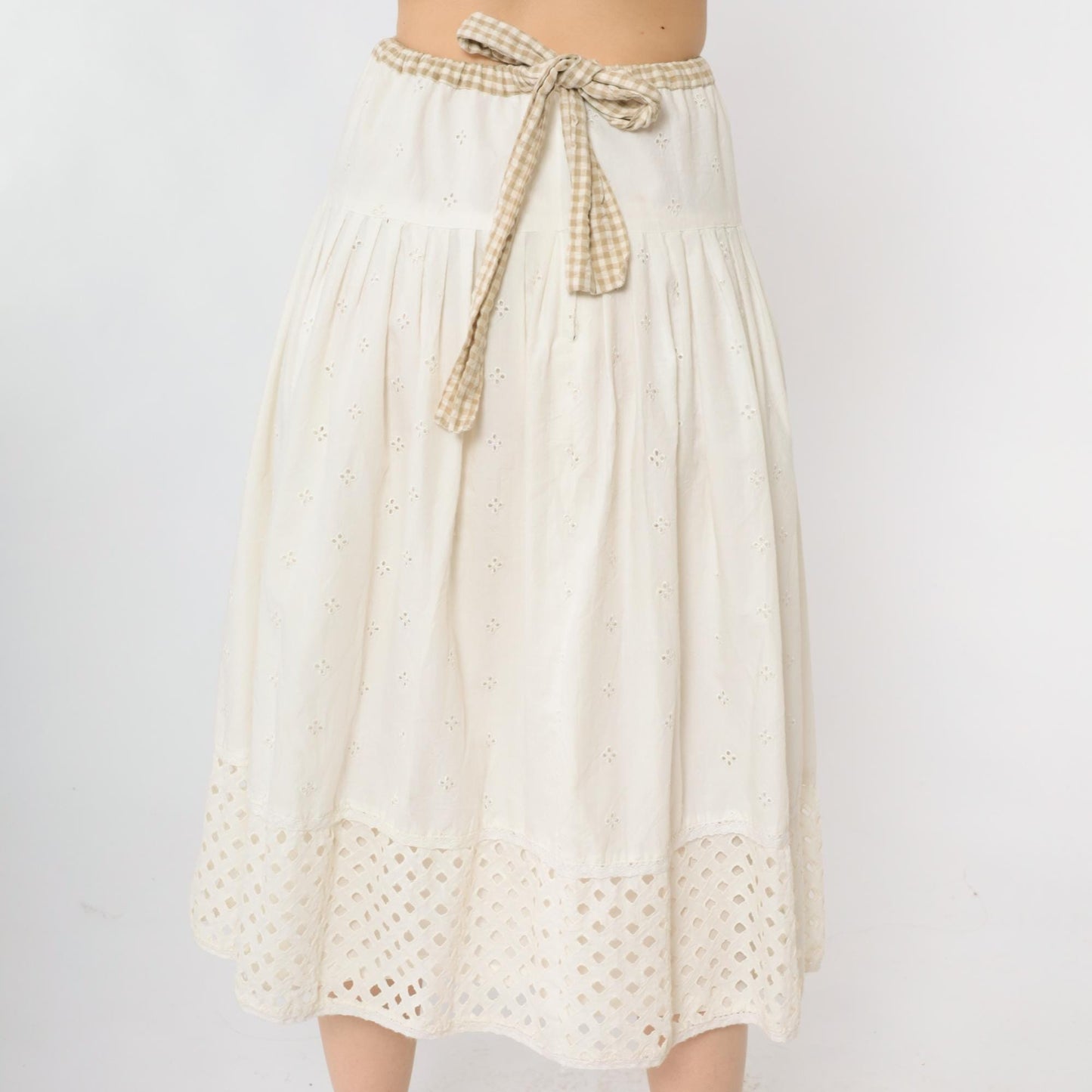 00s White Eyelet Peasant Midi Skirt Embroidered A-Line Tiered Small