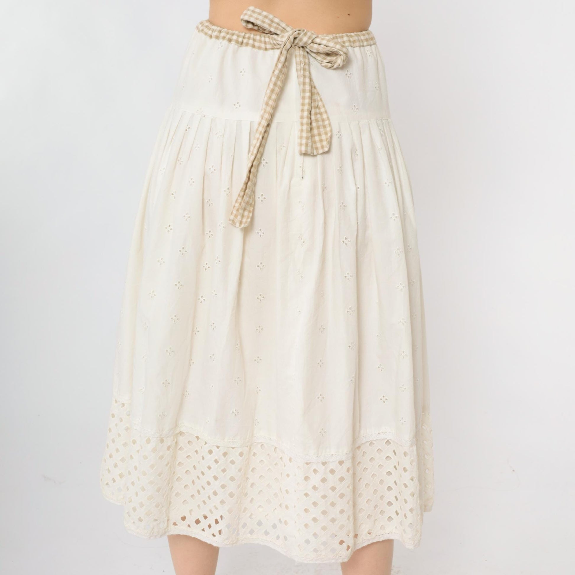 00s White Eyelet Peasant Midi Skirt Embroidered A-Line Tiered Small