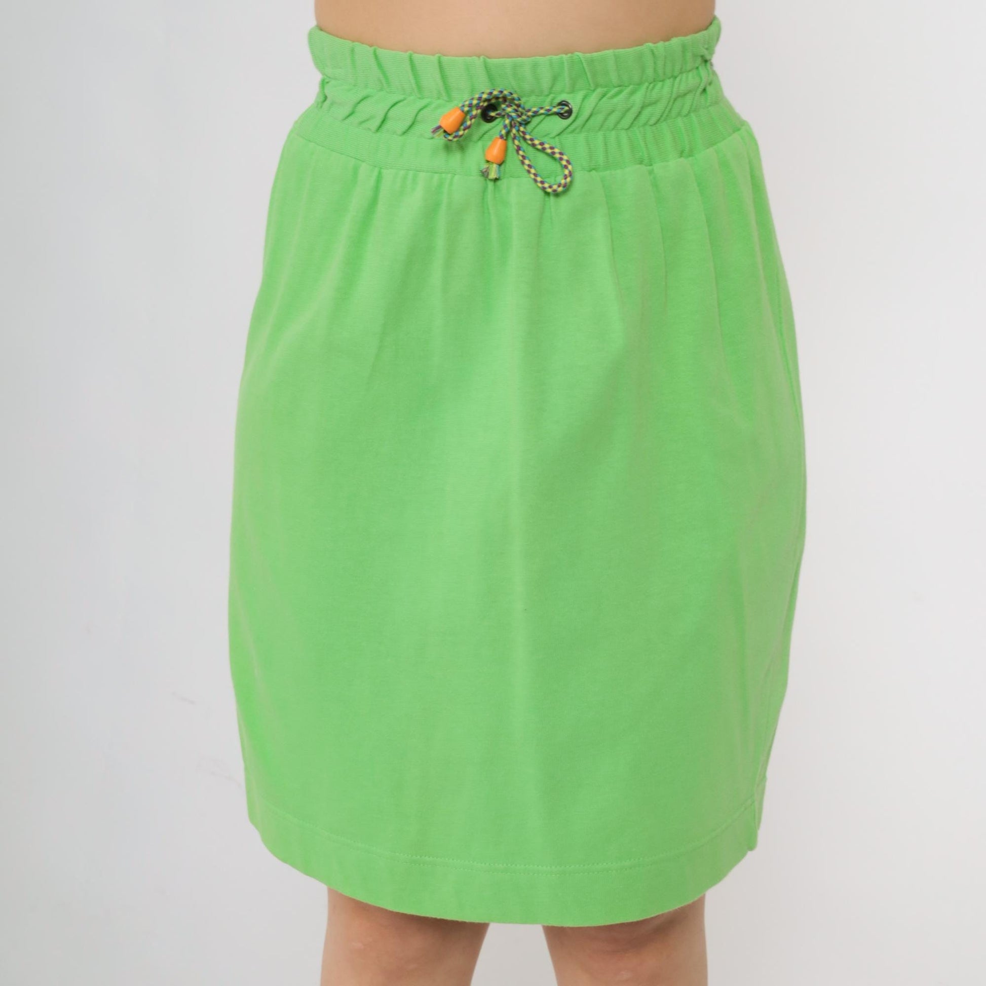 90s Lime Green Mini Skirt Drawstring Waist Cotton Small S