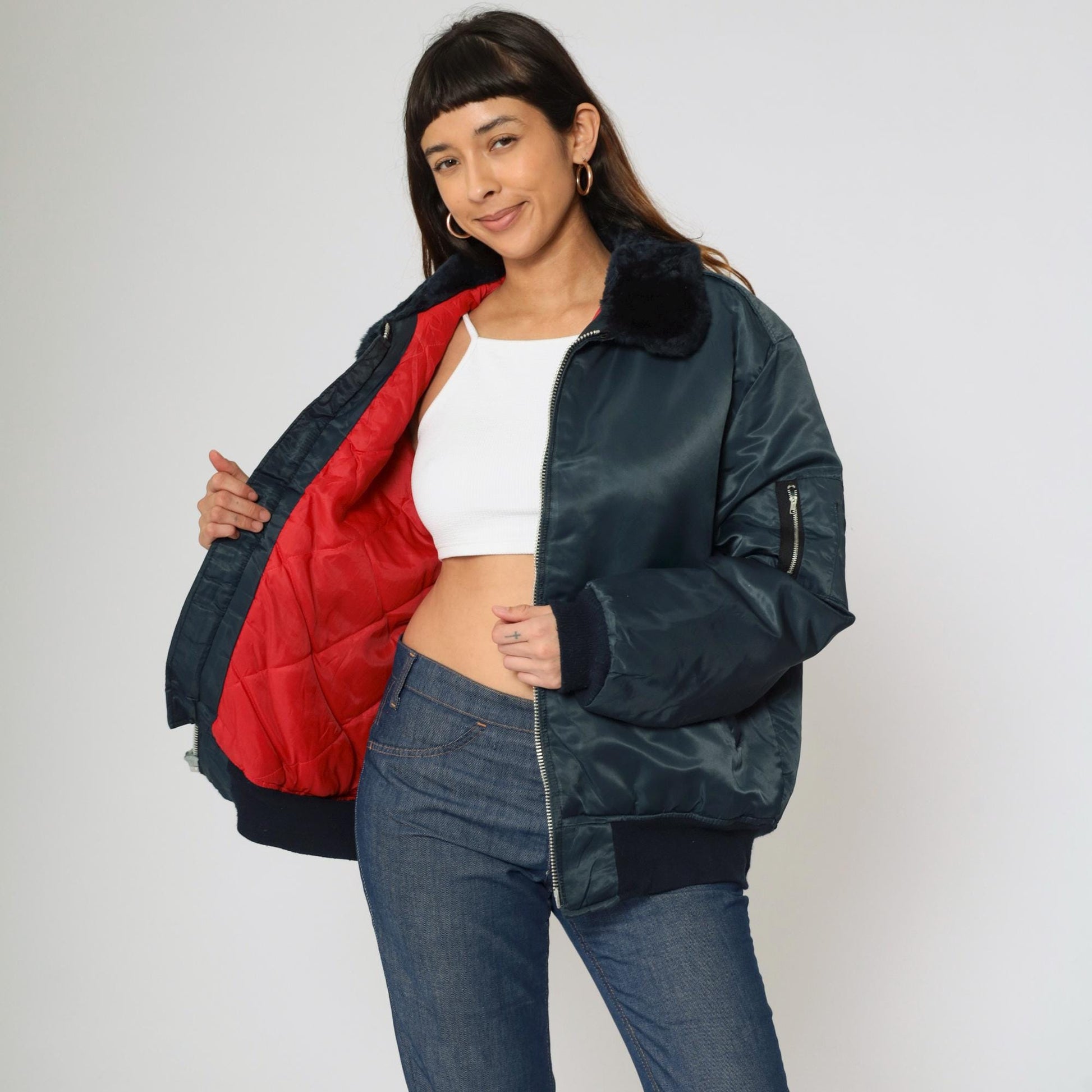90s Dickies Navy Bomber Jacket Faux Fur Collar Quilted Lining Large L