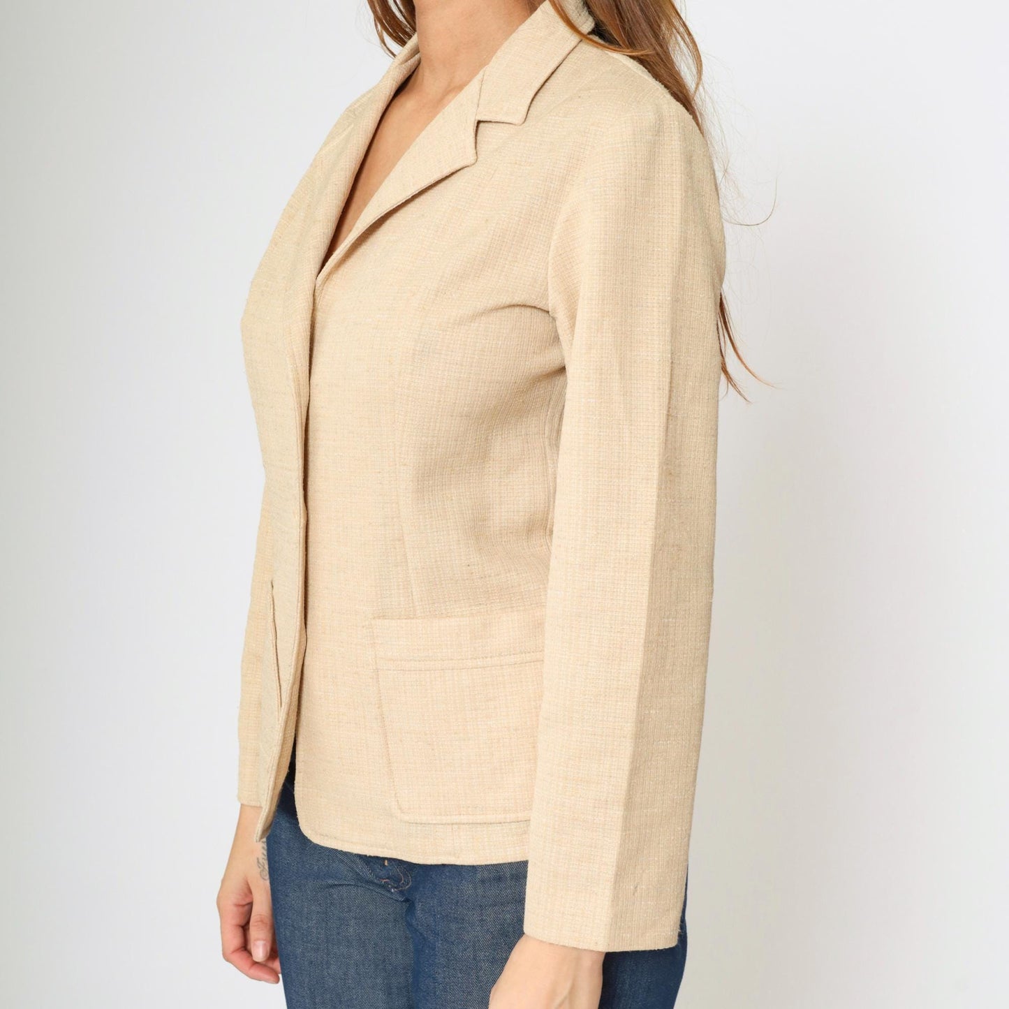 70s Beige Polyester Blazer Button-Up Jacket Deep V Neck Small