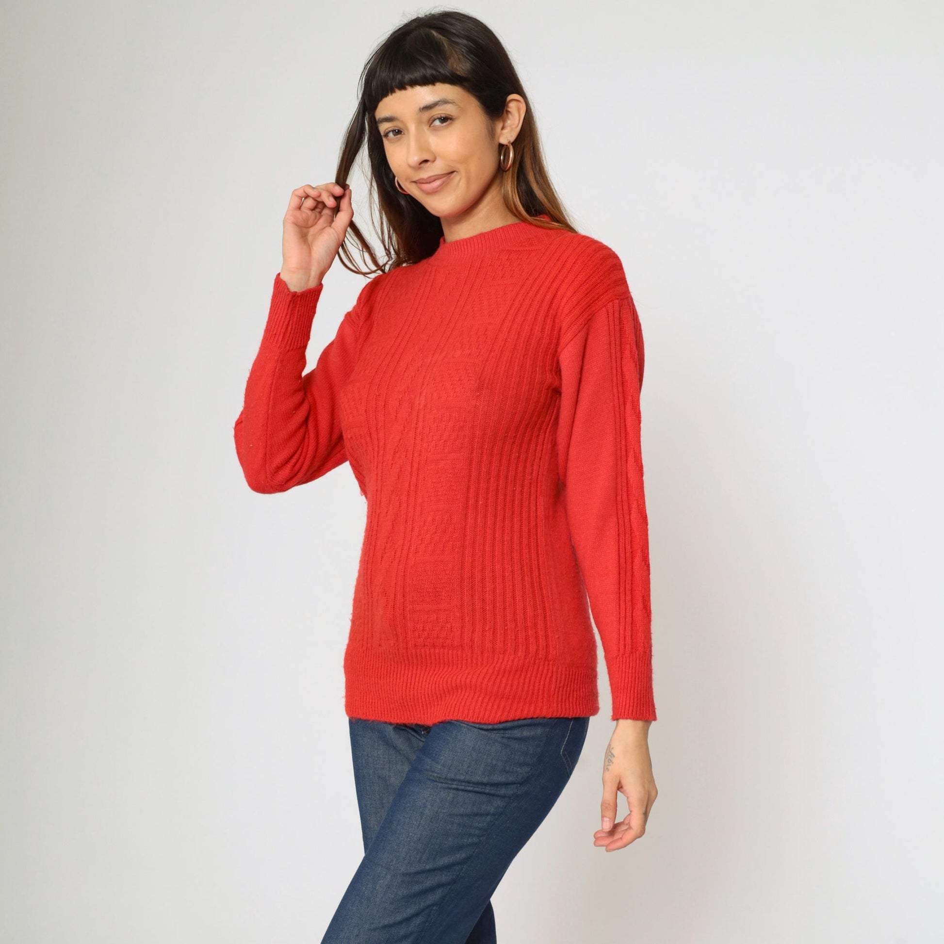 80s Cable Knit Sweater Red Textured Pullover Crewneck Extra Small
