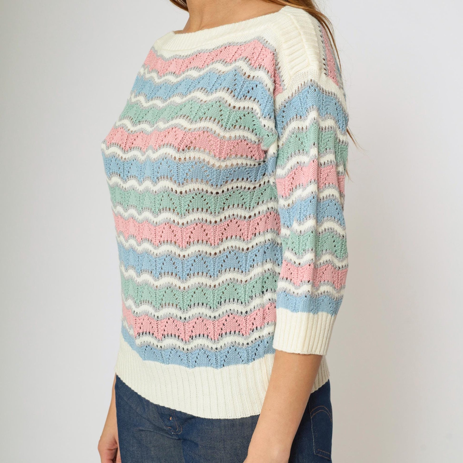 80s Bellocco Pastel Striped Pointelle Sweater Boatneck Knit Medium