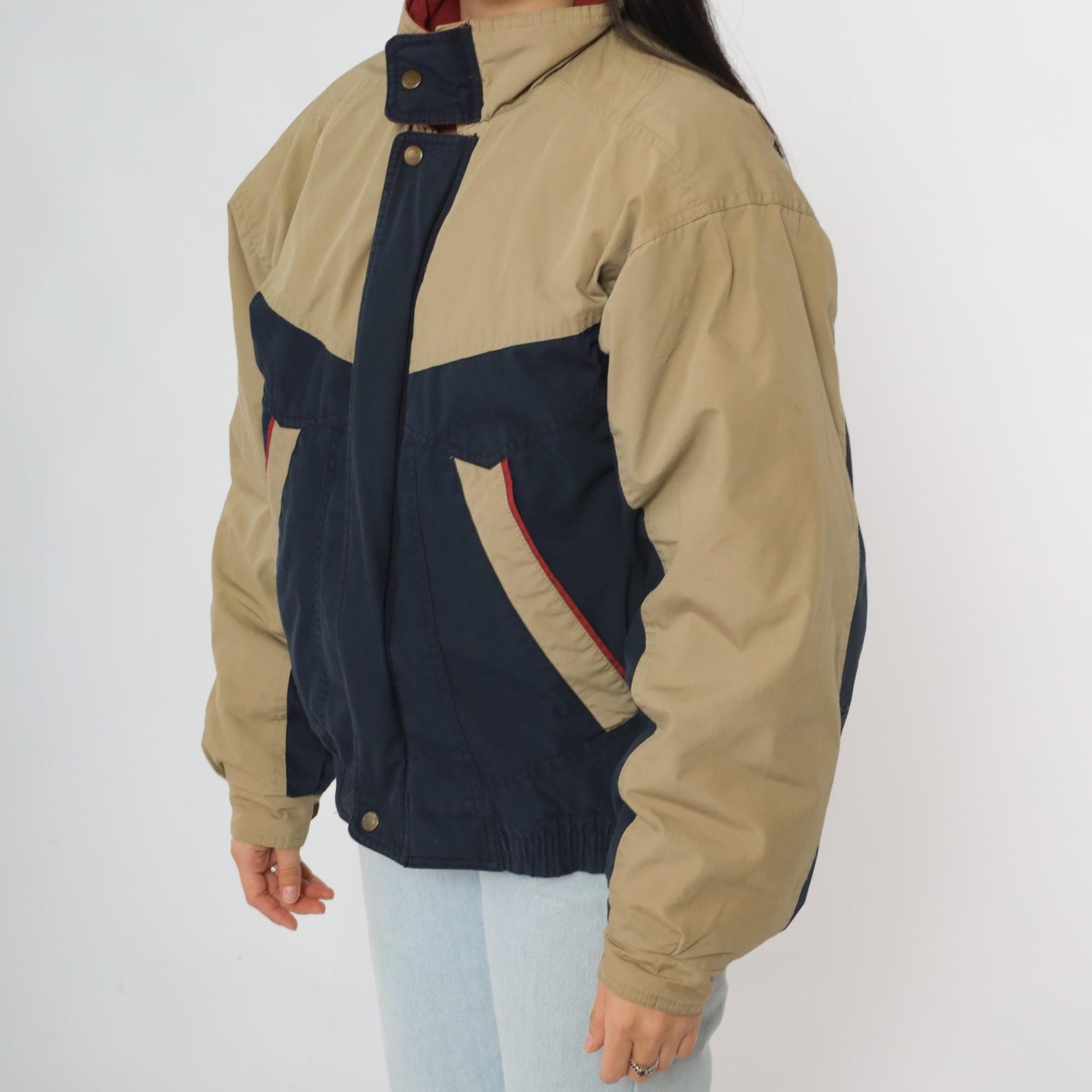 80s McGregor Puffer Jacket Tan Navy Color Block Ski Coat Small S