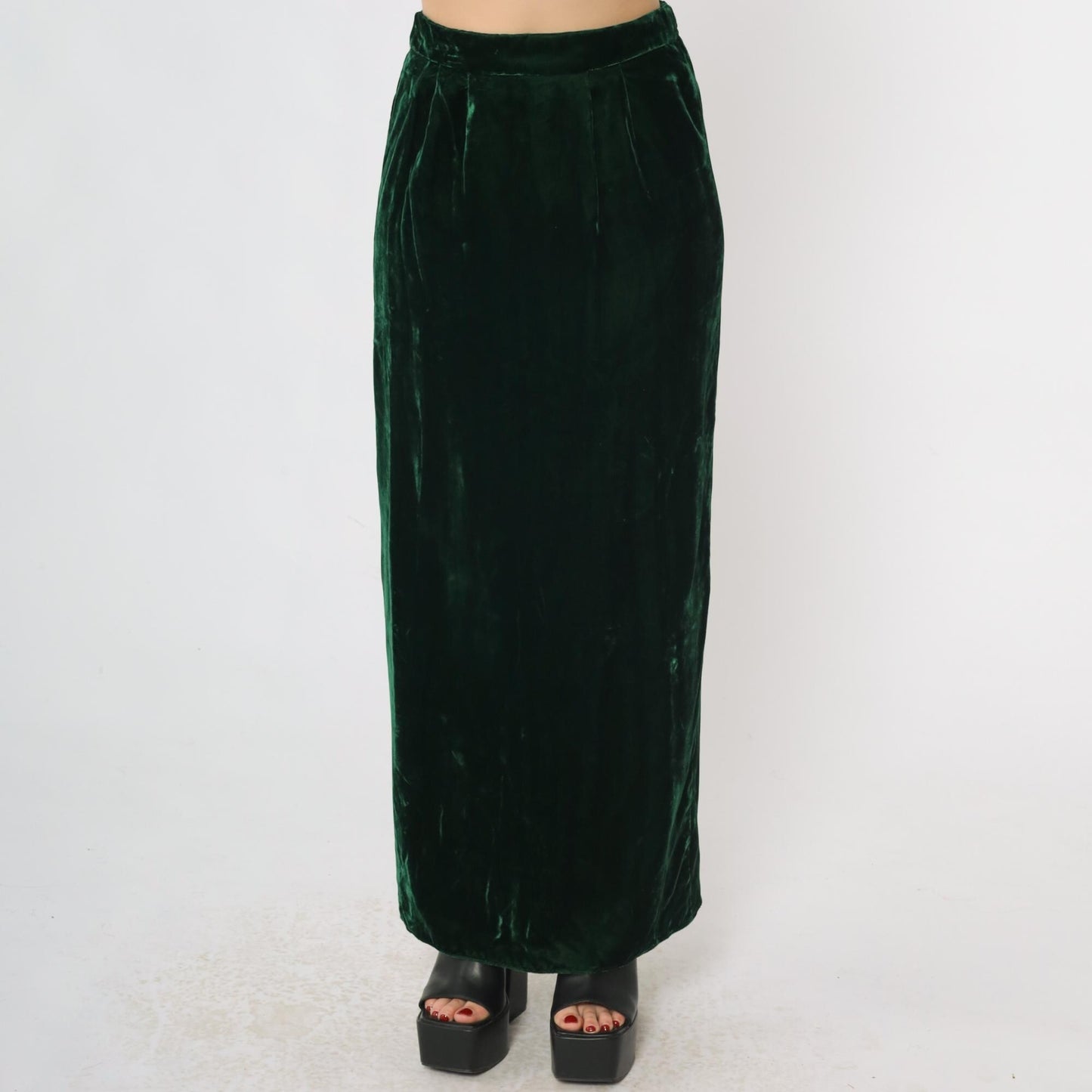 80s Green Velvet Maxi Skirt High Waist Ankle Length Small S