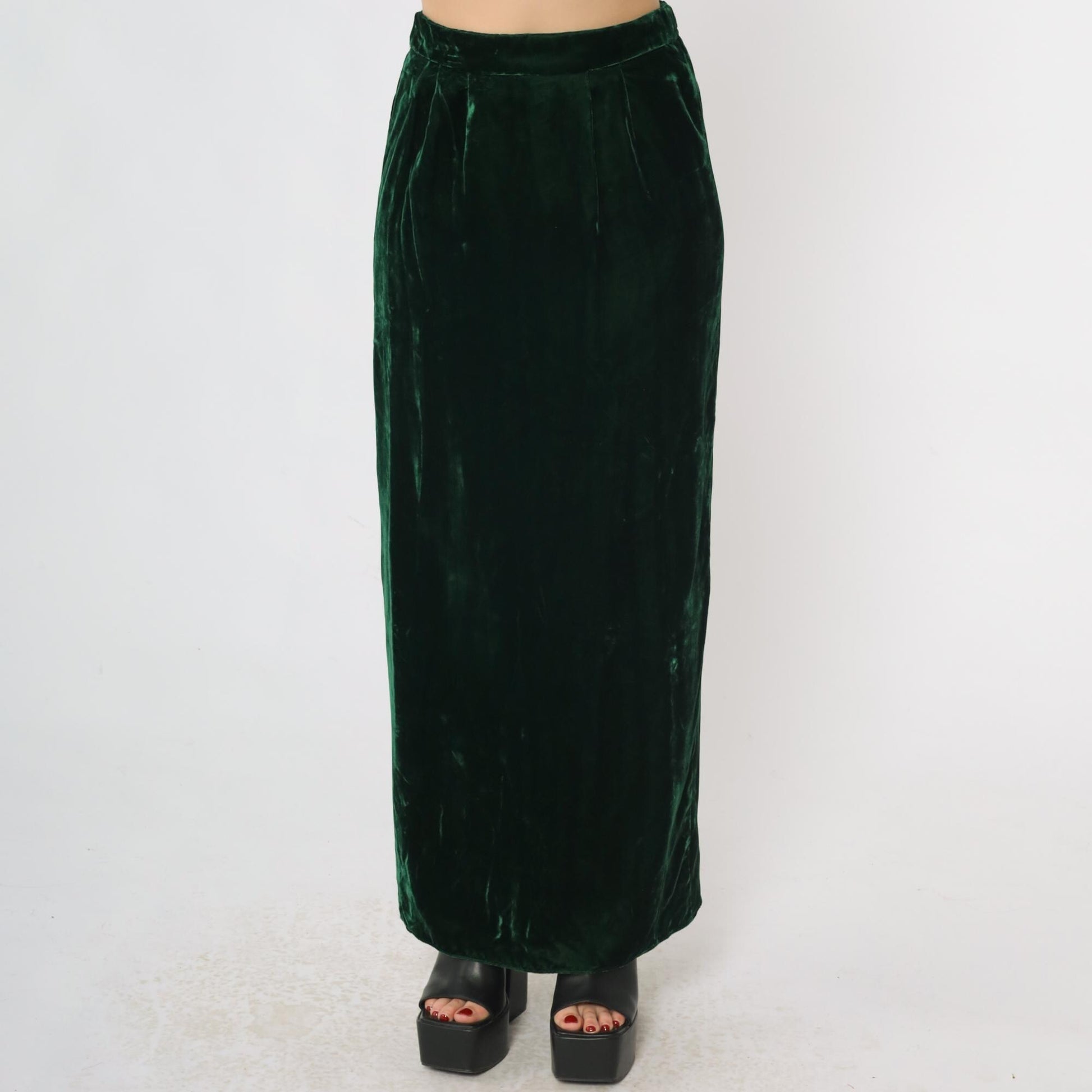 80s Green Velvet Maxi Skirt High Waist Ankle Length Small S