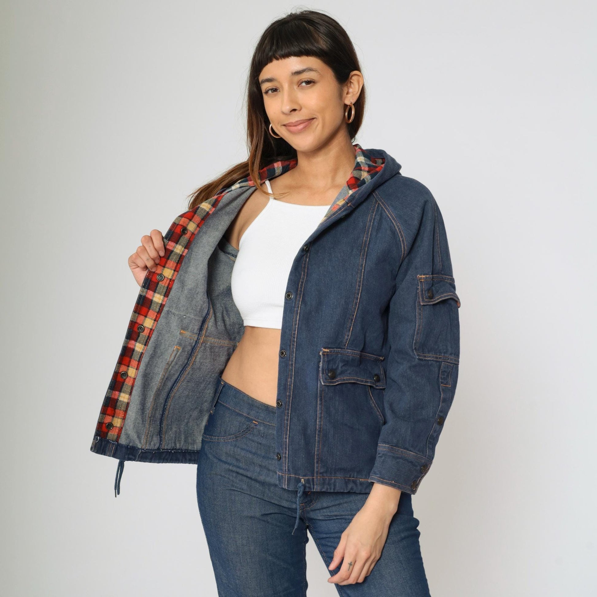 80s Dark Blue Denim Jacket Hooded Plaid Trim Cotton Medium