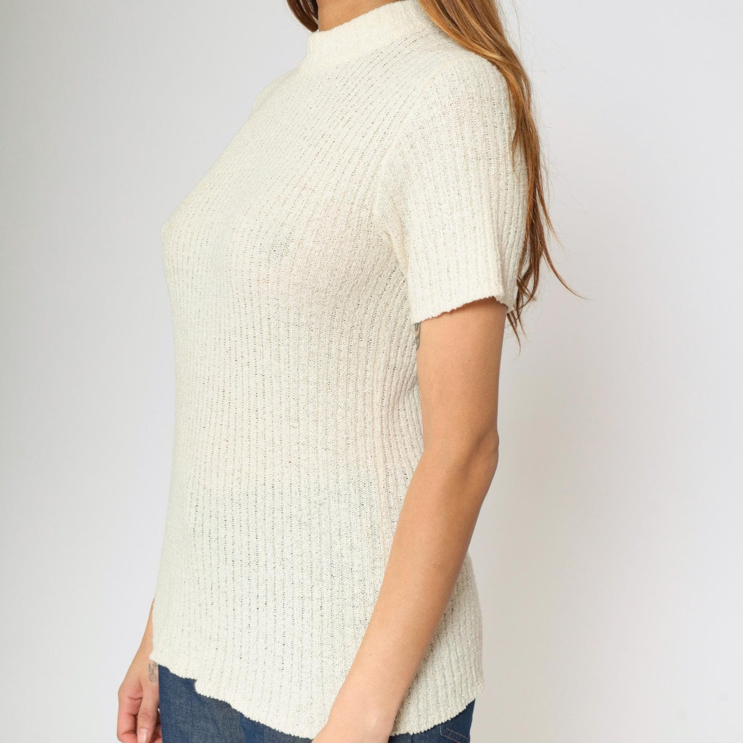 70s Rosanna Cream Ribbed Knit Mock Neck Short Sleeve Top Small Medium