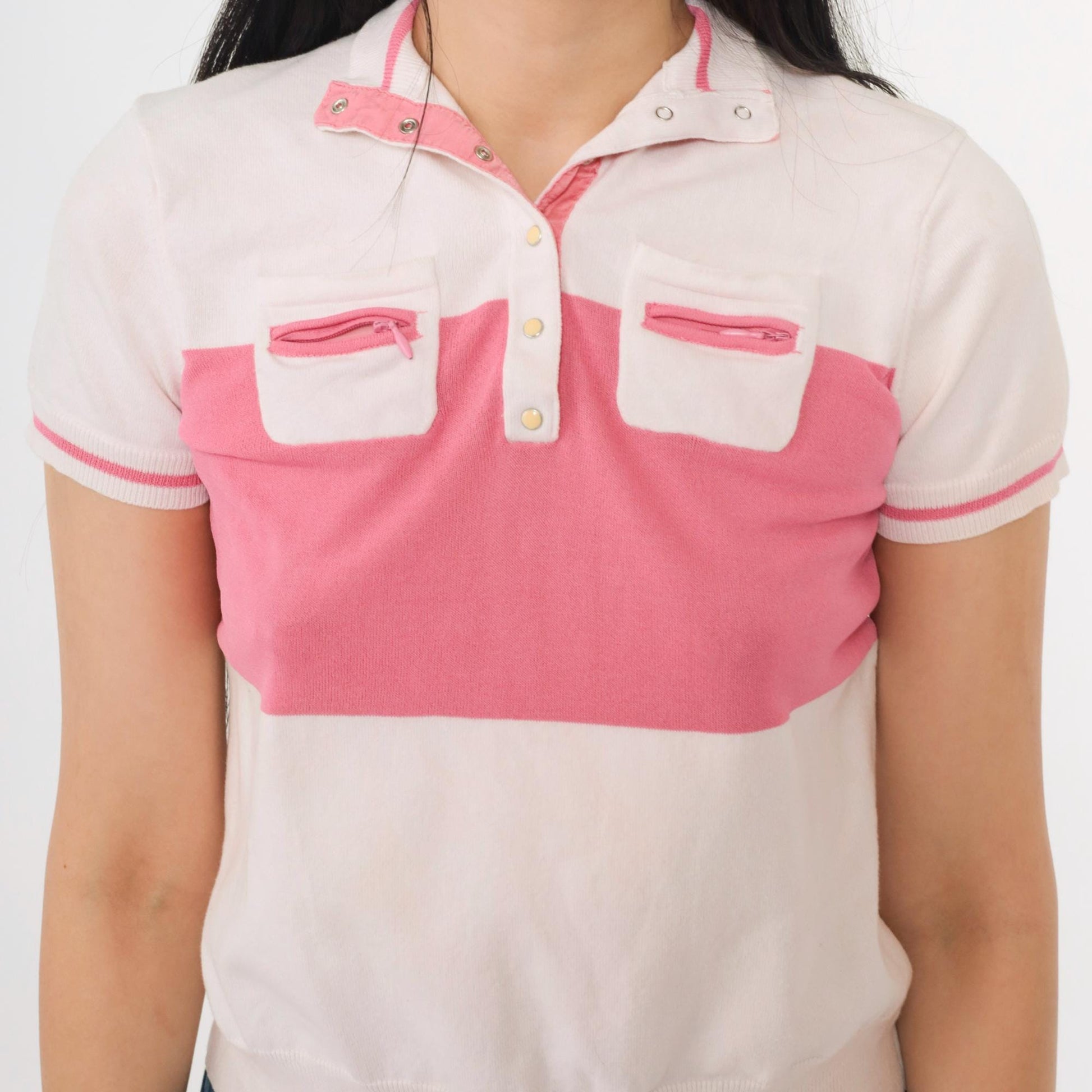 80s Jamie Sadock Striped Polo Shirt White Pink Snap Button Short Sleeve Extra Small