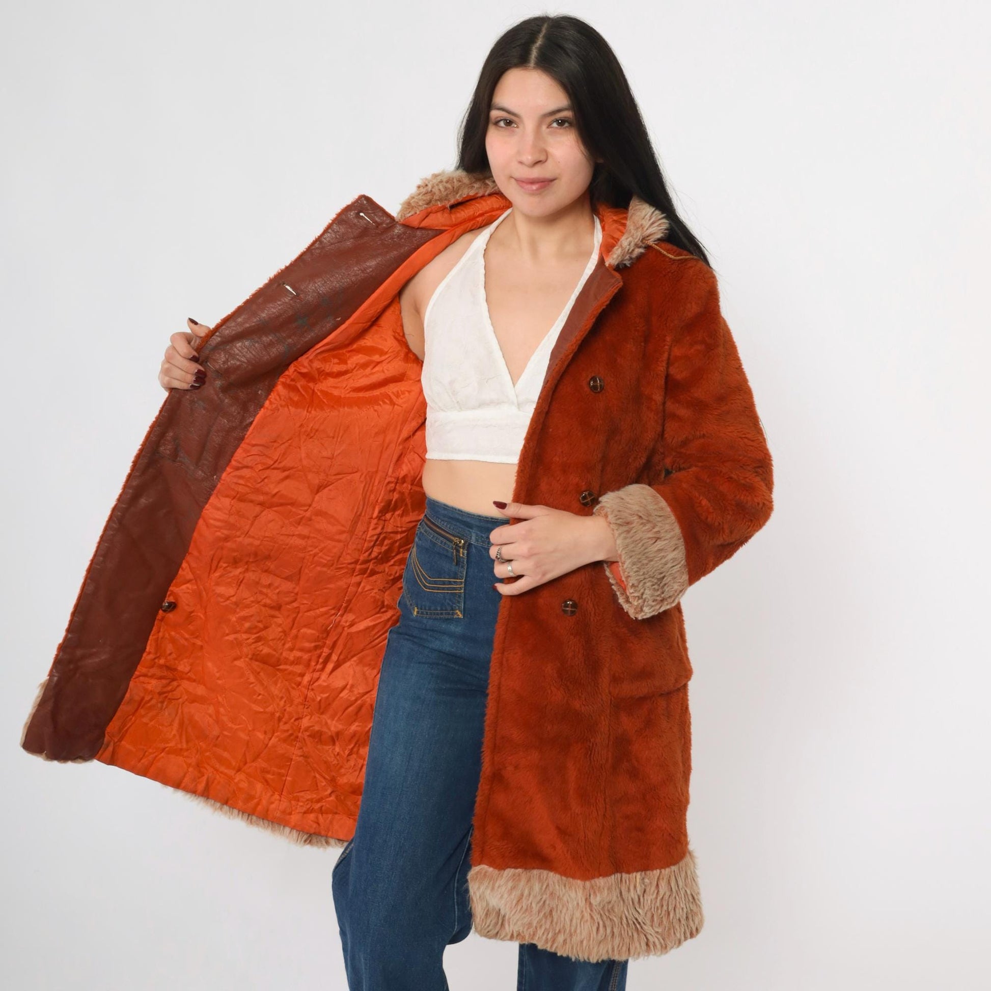 70s Burnt Orange Faux Fur Hooded Jacket Double Breasted Extra Small