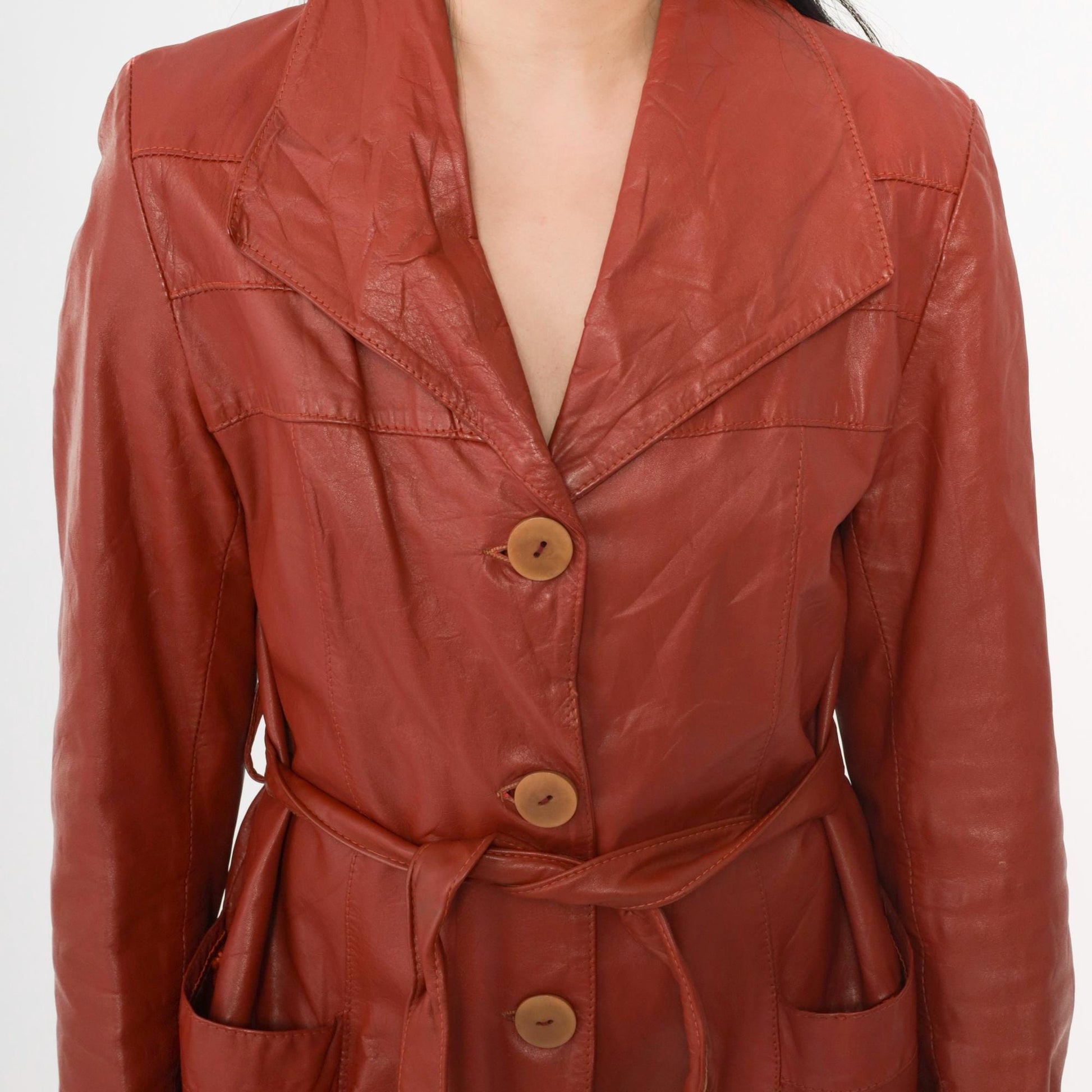 70s Learsi Leather Jacket Brick Red Belted Button-Up Small