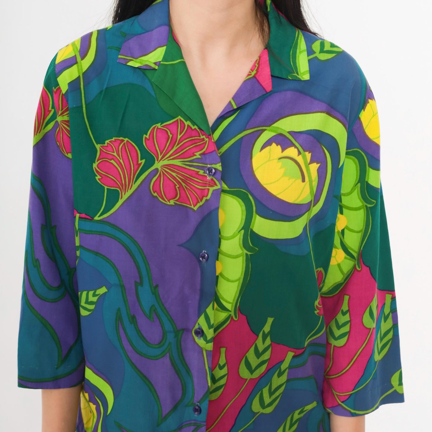 70s Tropical Floral Button-Up Shirt Purple Green Multicolor 3/4 Sleeve Medium M