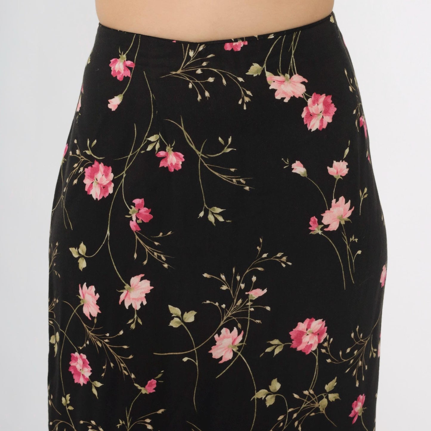 90s Black Floral Rayon Skirt High Waist Ankle Length Extra Large XL