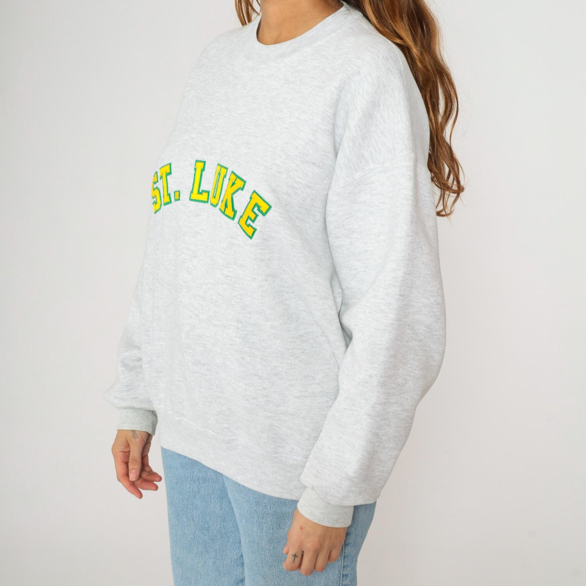 90s Jerzees St Luke Crewneck Sweatshirt Grey Stitched Letters Extra Large XL