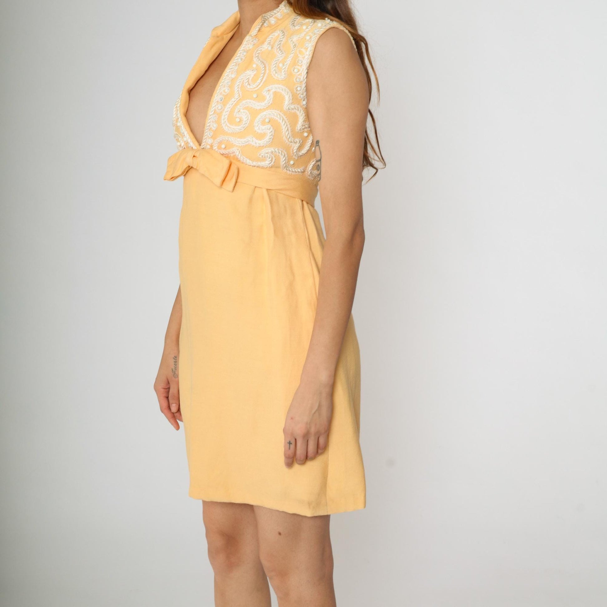 60s Maison Mendessolle Peach Mini Dress Beaded Bow Empire Waist XS