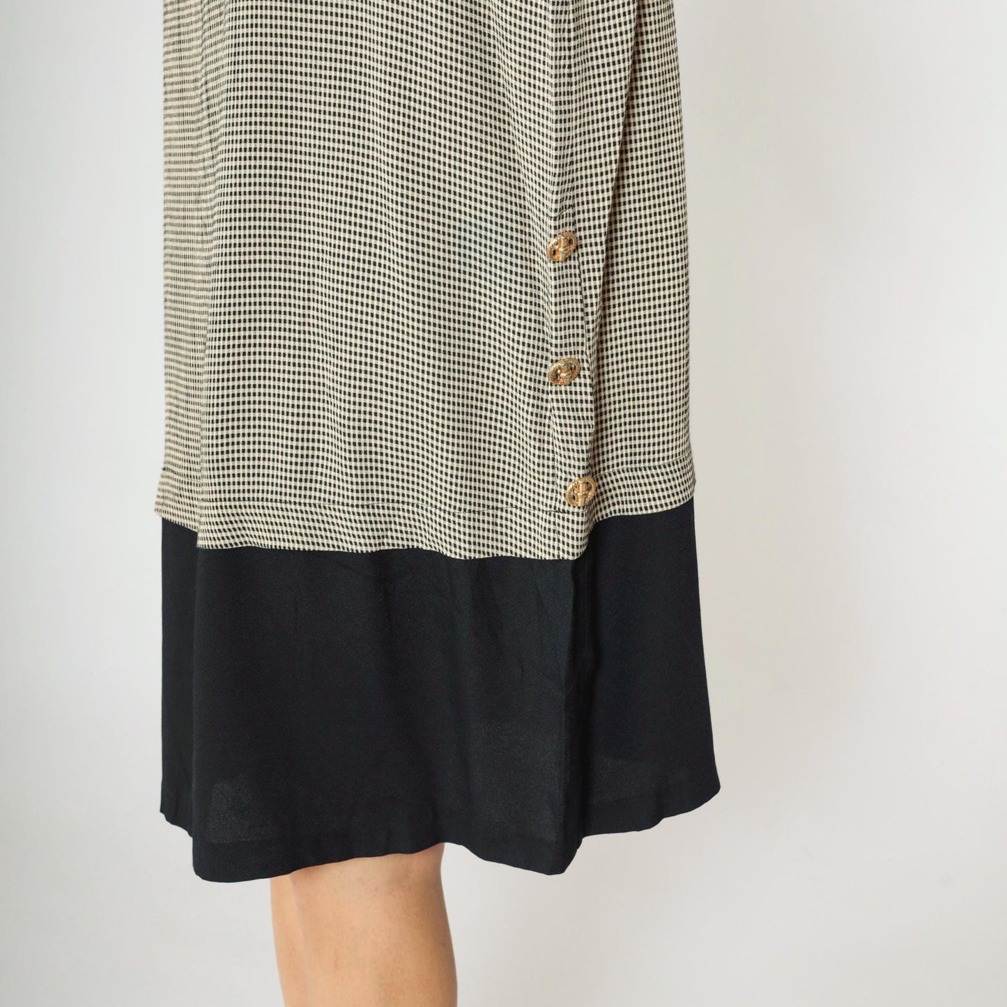 90s Black Cream Gingham Shift Dress Knee Length Gold Buttons Large L