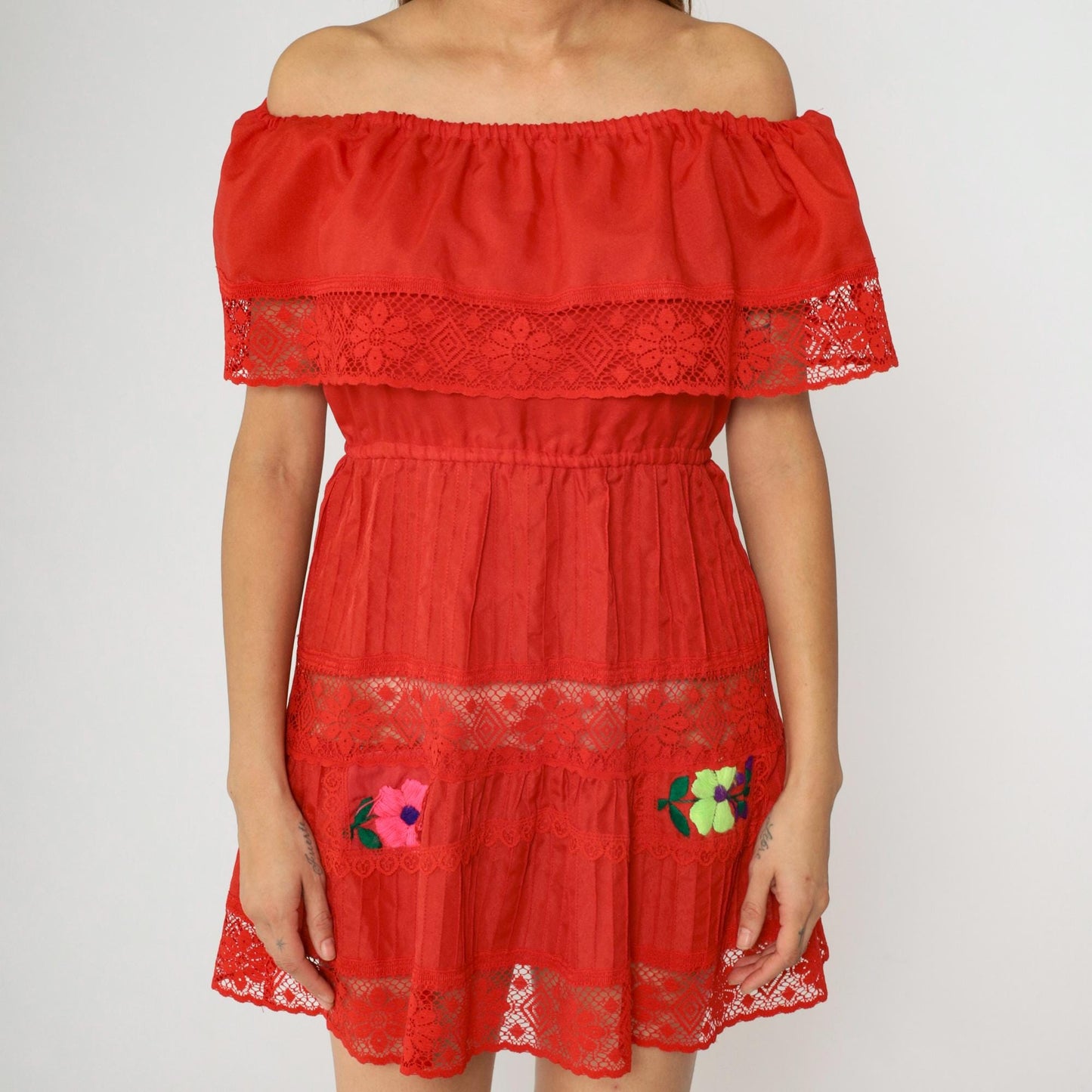 90s Mexican Peasant Dress Red Floral Embroidered Mini Off-Shoulder Small