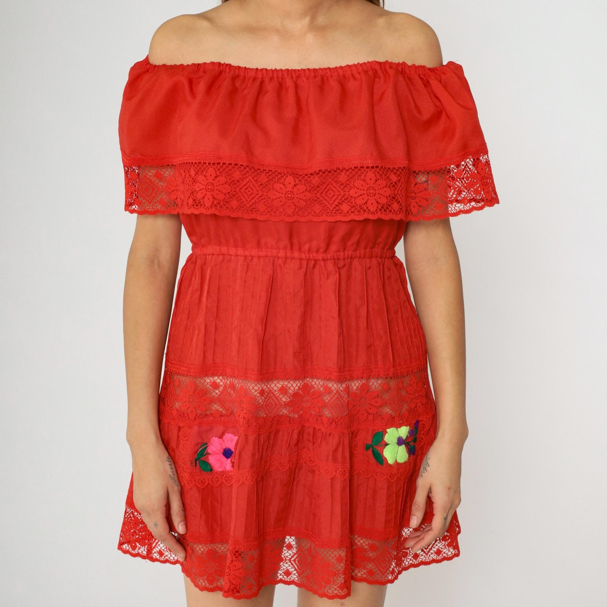 90s Mexican Peasant Dress Red Floral Embroidered Mini Off-Shoulder Small