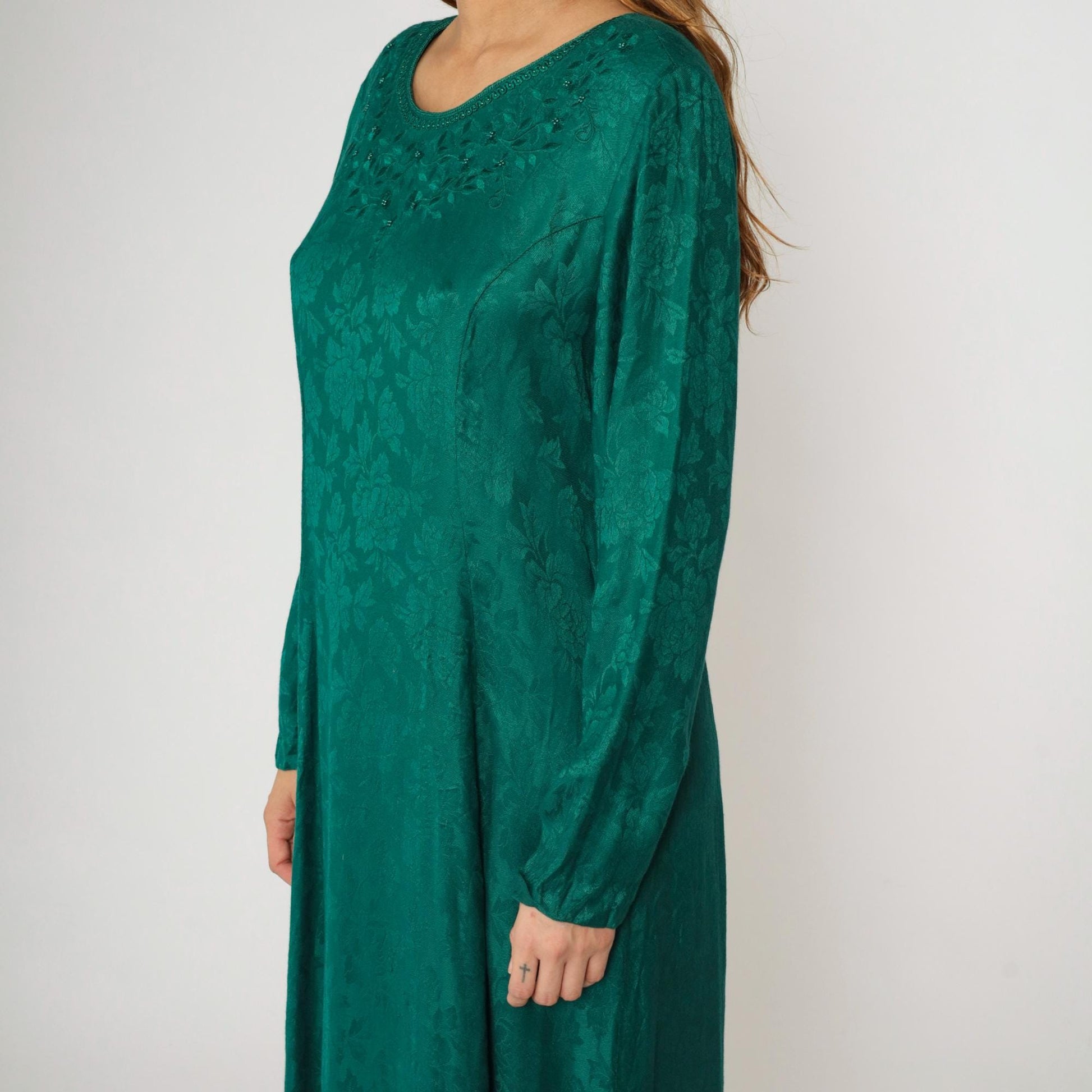 90s Sarah Elizabeth Green Floral Jacquard Maxi Dress Beaded Embroidered Medium 8