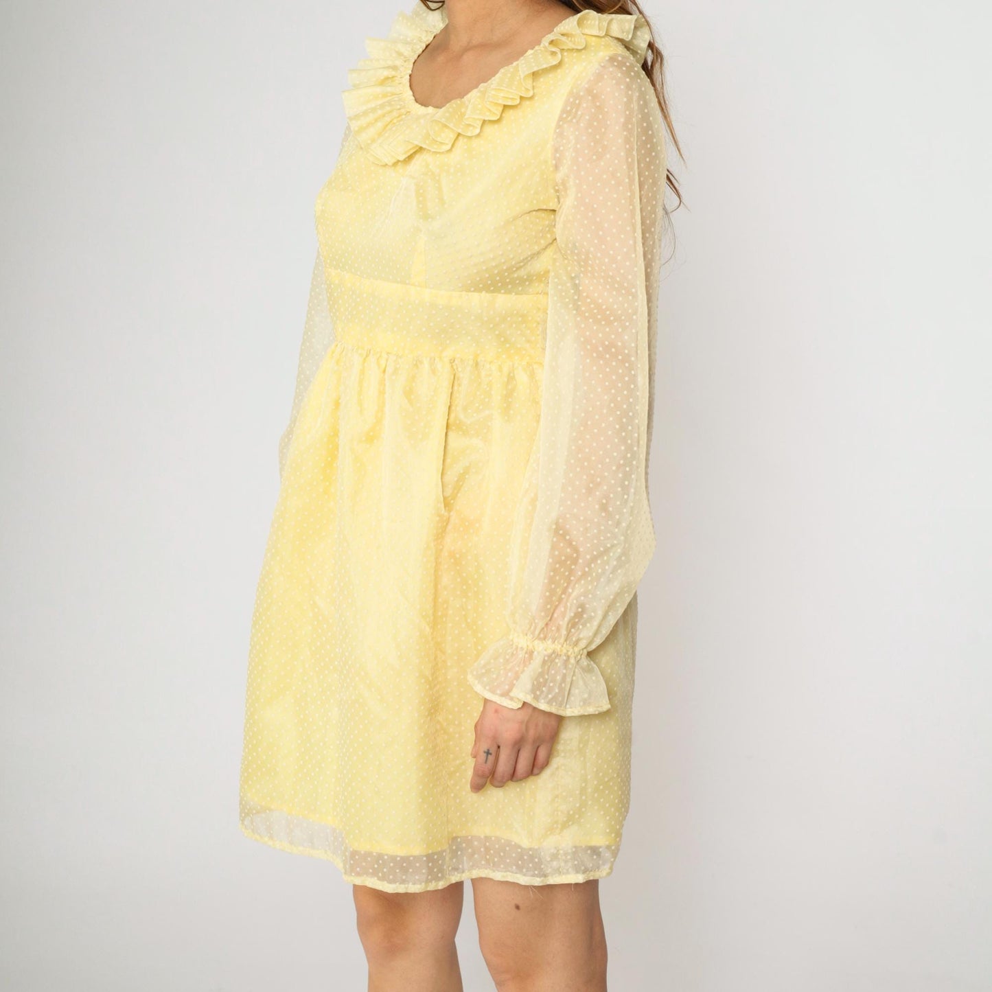70s Yellow Swiss Dot Organza Mini Dress Empire Waist Ruffle Neckline Small