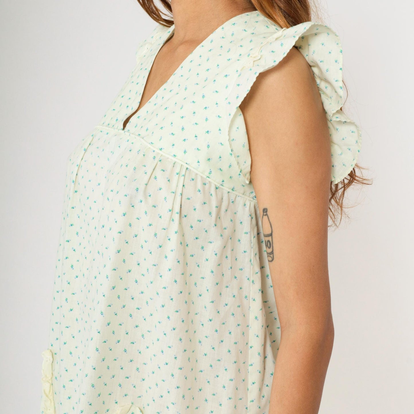 70s Hawaiian Babydoll Dress Yellow Blue Floral Mini V Neck Ruffle Sleeve Small