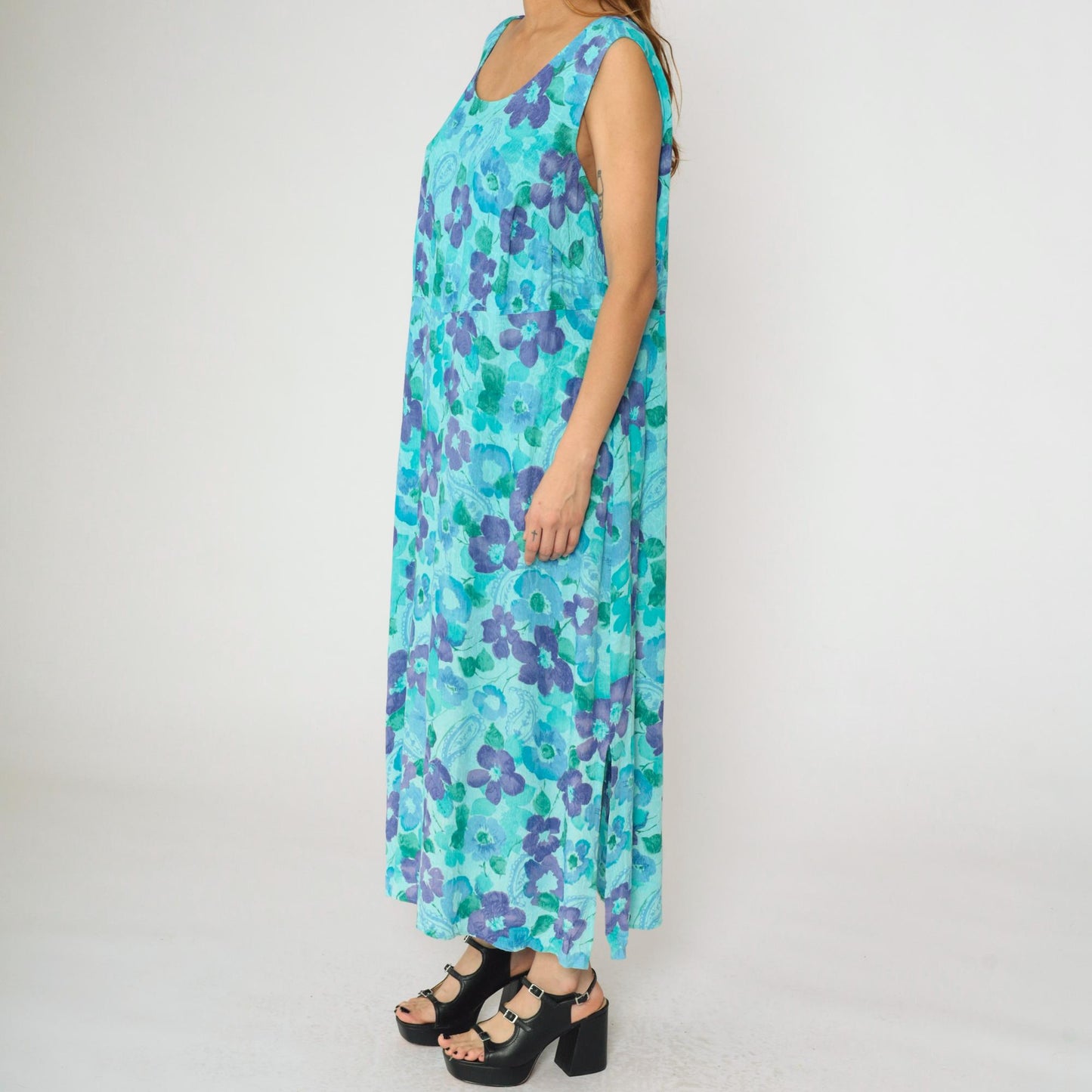90s Aqua Watercolor Floral Paisley Maxi Dress Sleeveless Rayon Plus Size XXL