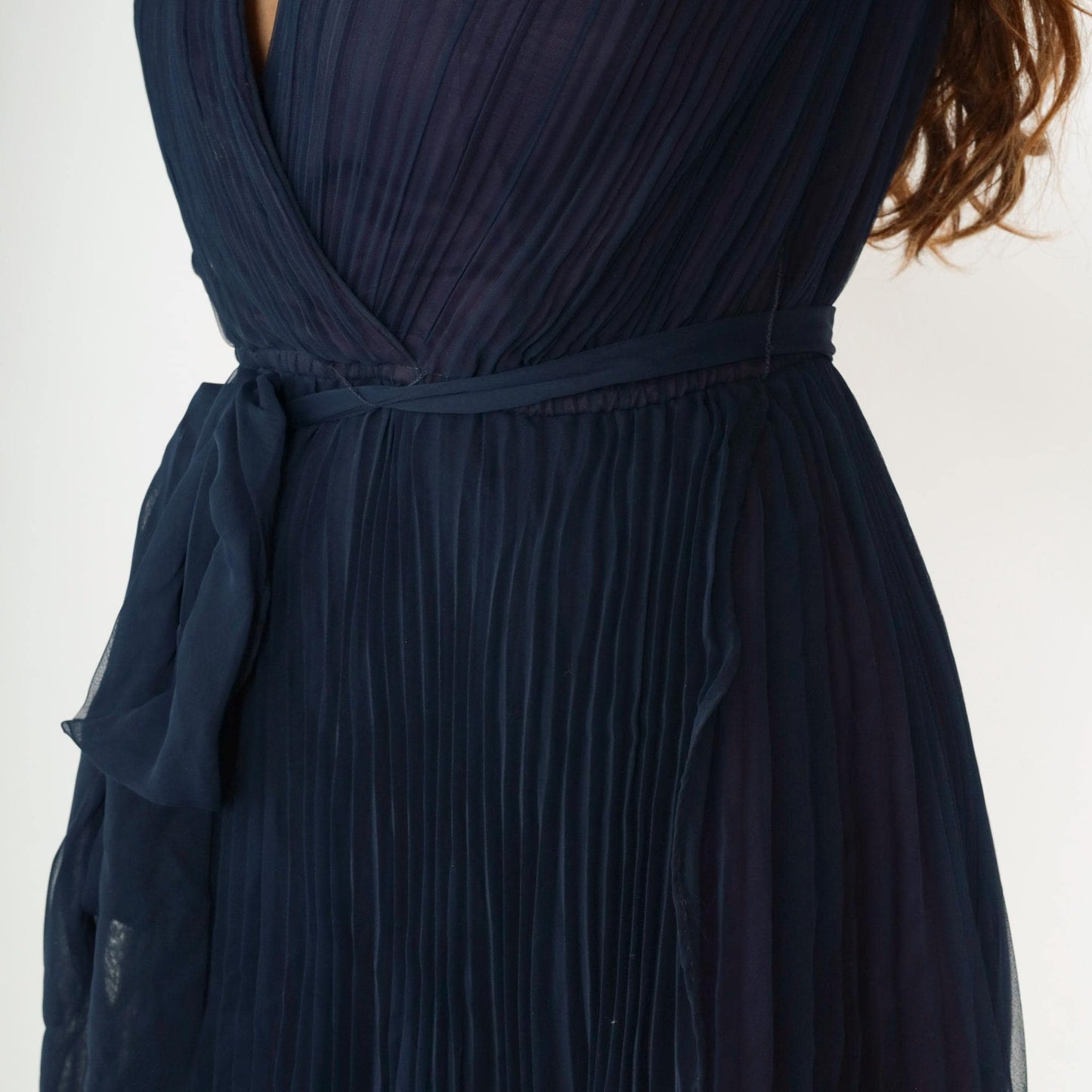 70s Navy Chiffon Midi Dress Pleated V-Neck Sheer Sleeves High Waist Small