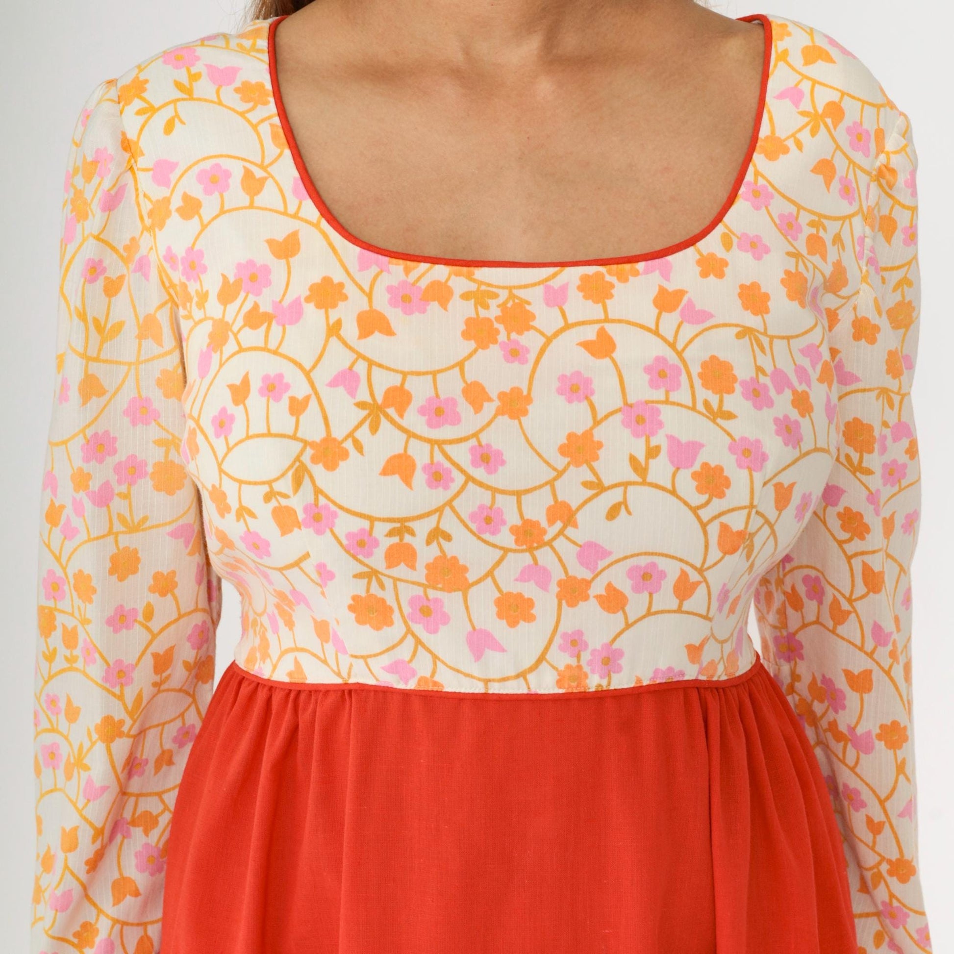 70s Floral Maxi Dress Puff Sleeve High Waist Orange White Prairie Medium